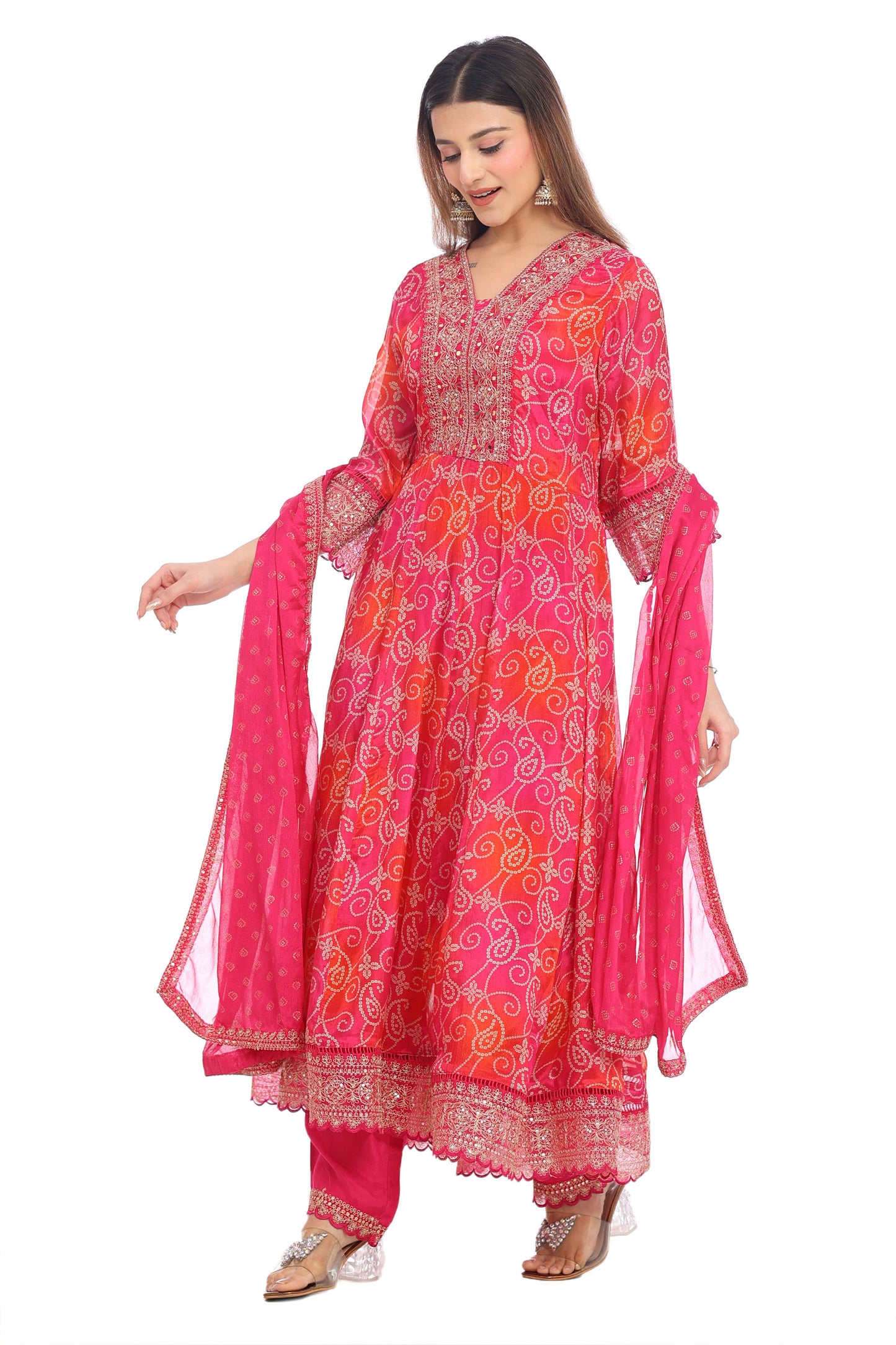Radiant Pink Embroidered Anarkali Suit Set with Dupatta