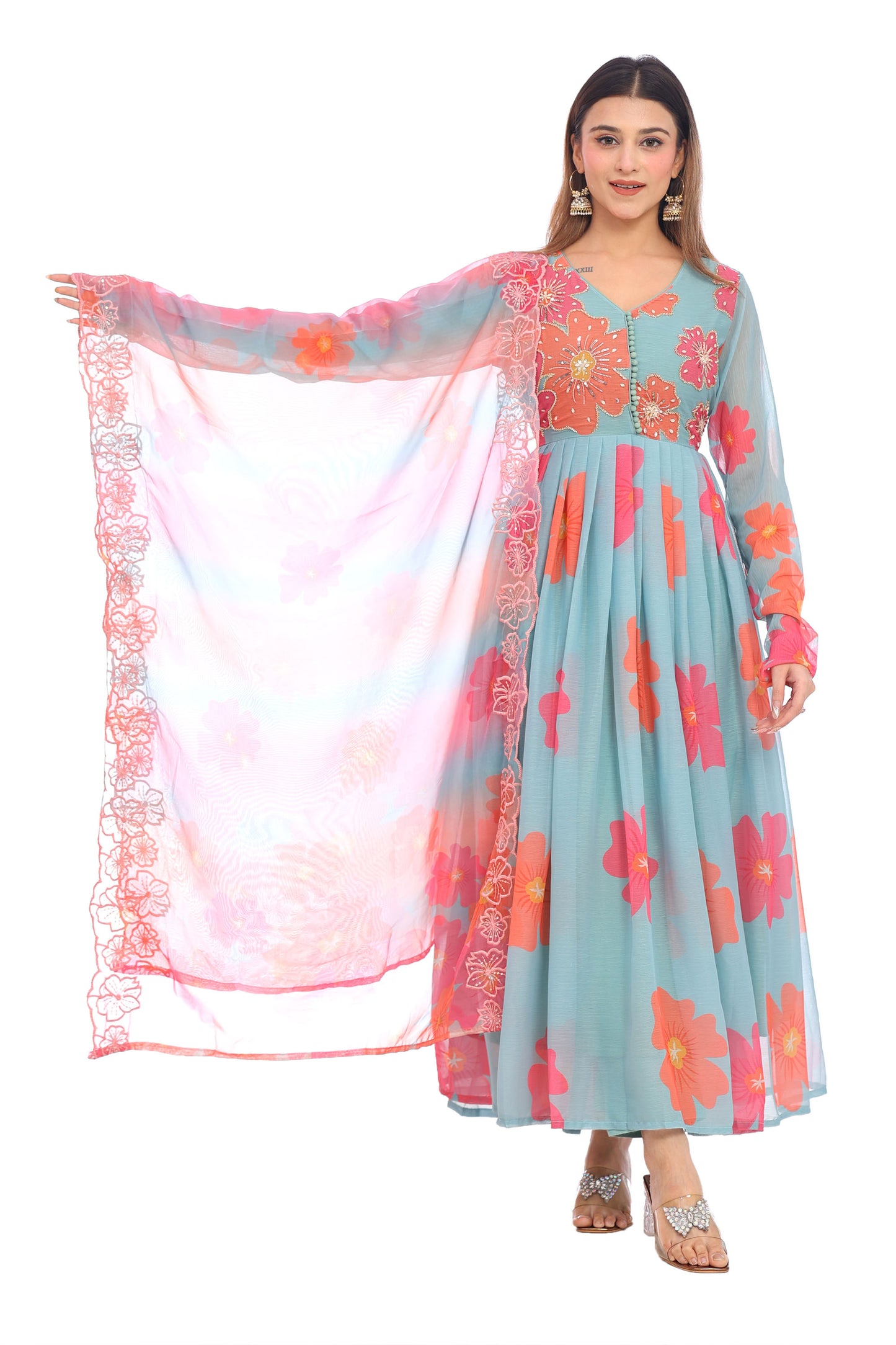 Pastel Blue Floral Anarkali Set with Embroidered Dupatta