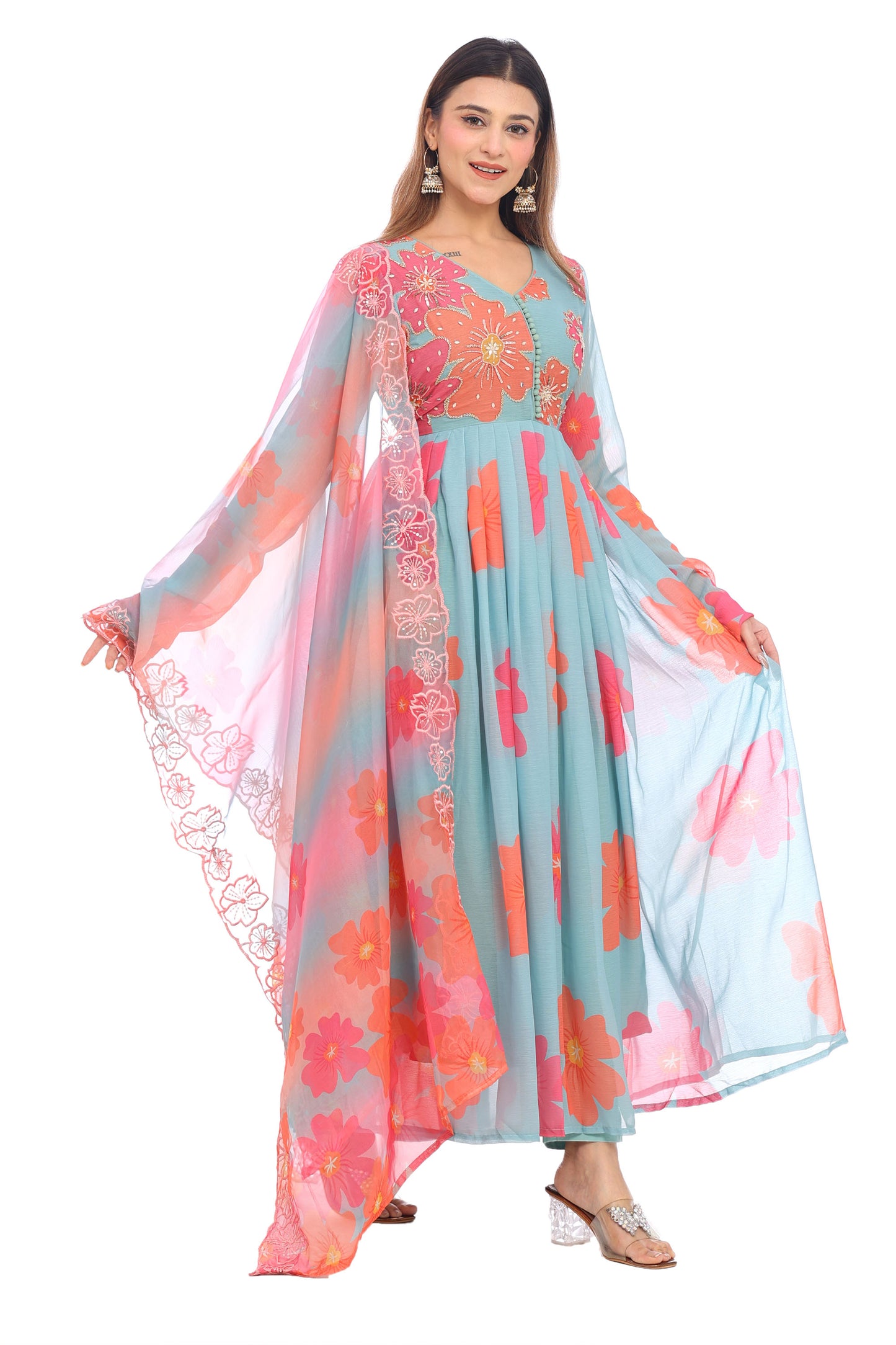 Pastel Blue Floral Anarkali Set with Embroidered Dupatta