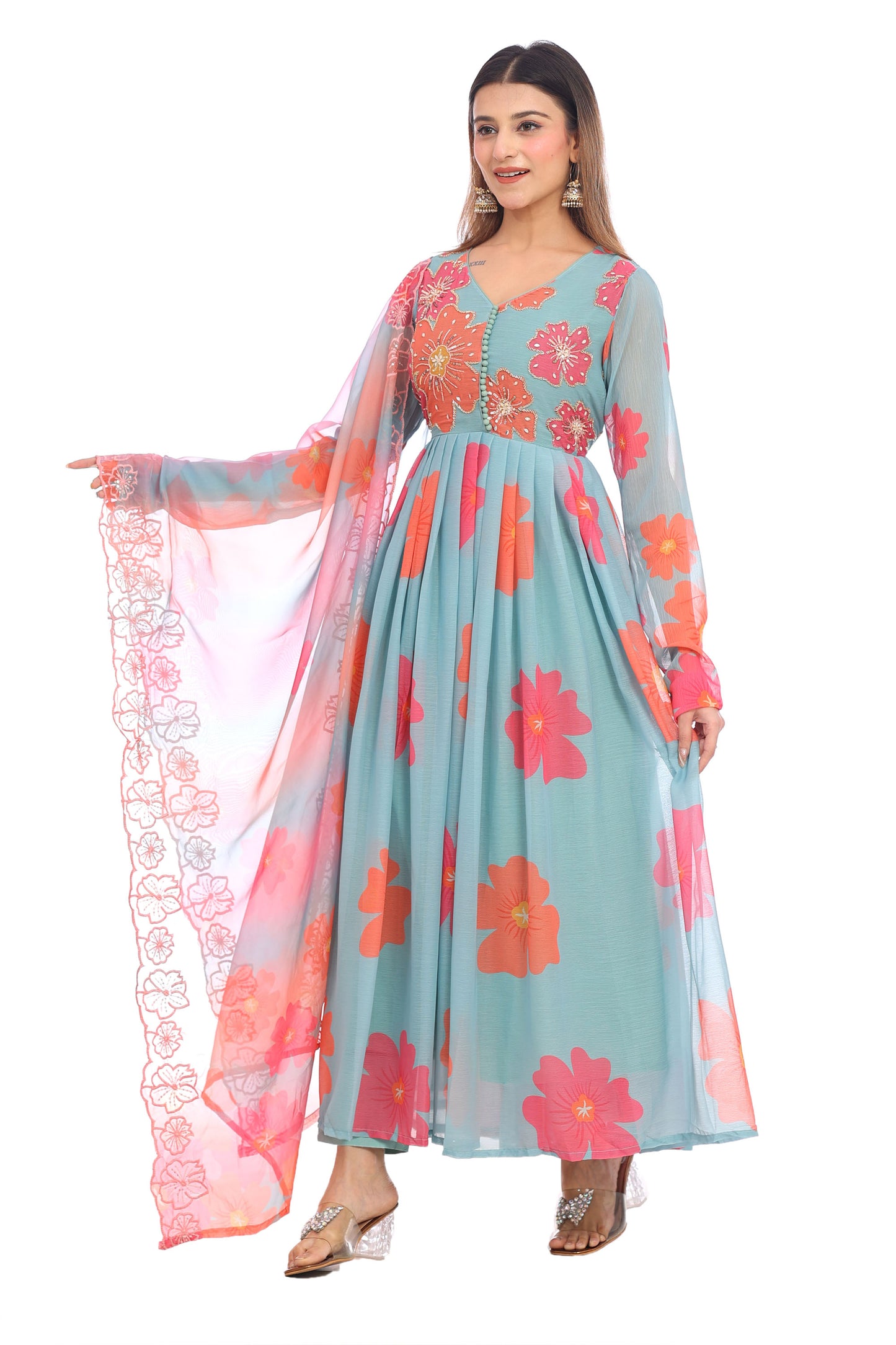 Pastel Blue Floral Anarkali Set with Embroidered Dupatta