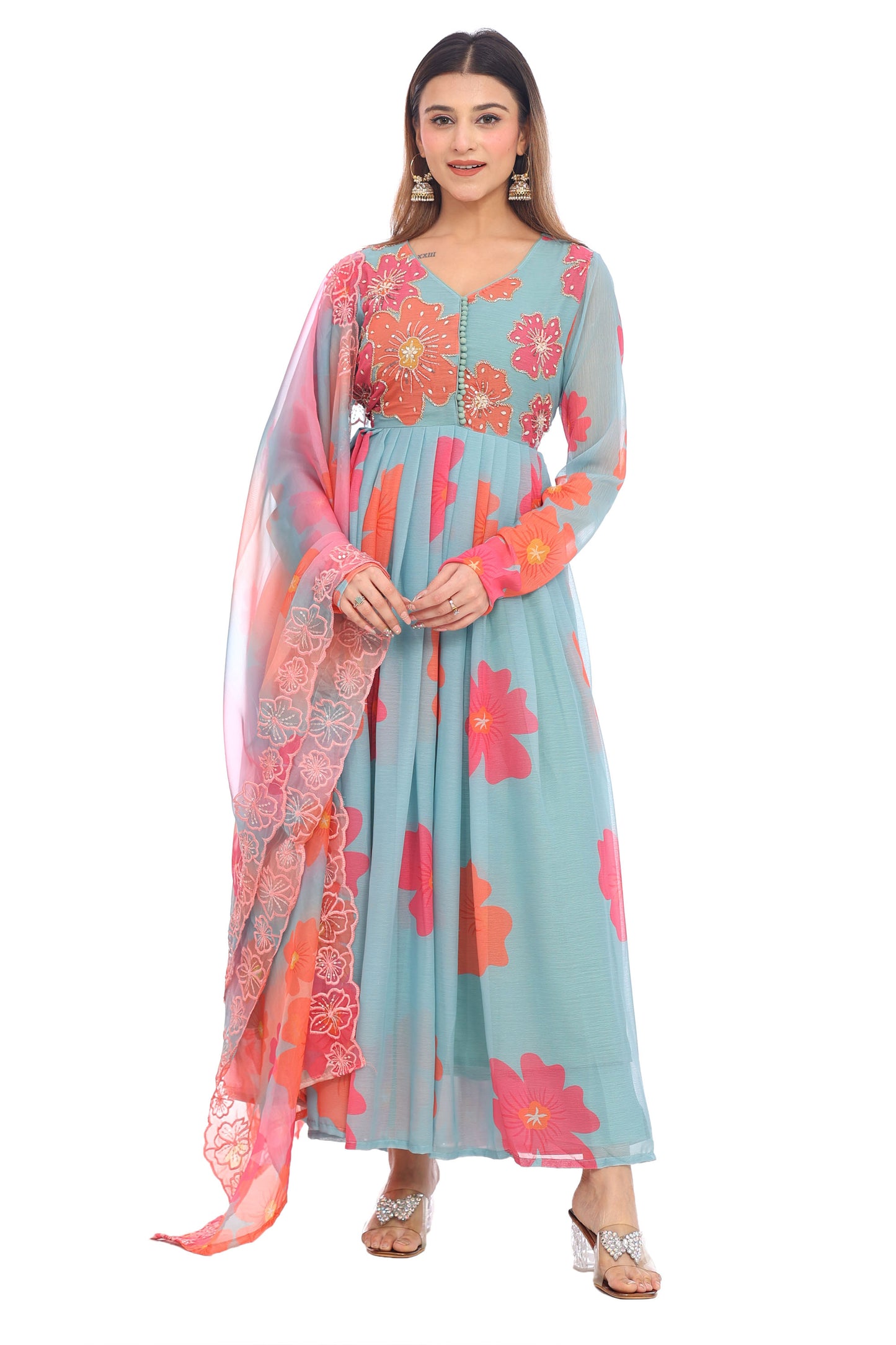 Pastel Blue Floral Anarkali Set with Embroidered Dupatta