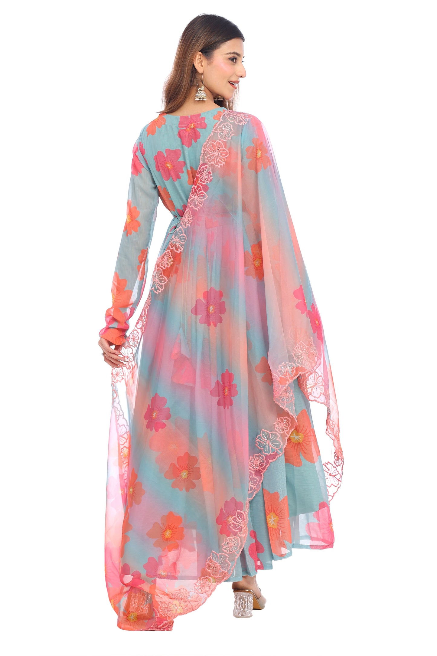 Pastel Blue Floral Anarkali Set with Embroidered Dupatta