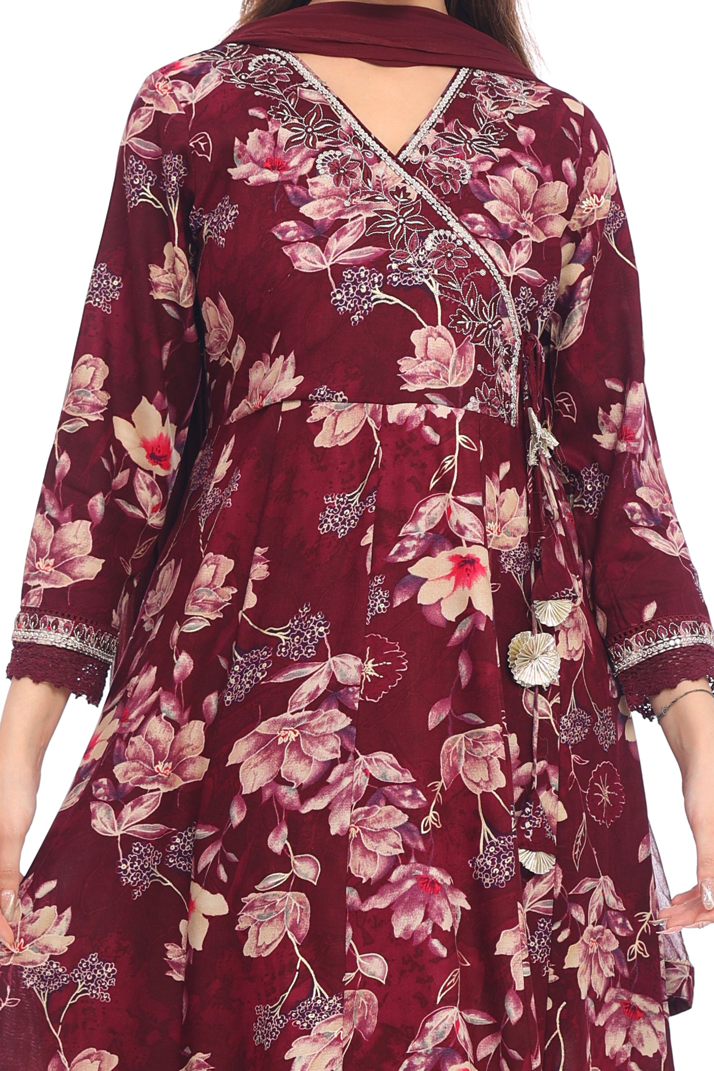 Wine Maroon Floral Anarkali Set with Embellished Details