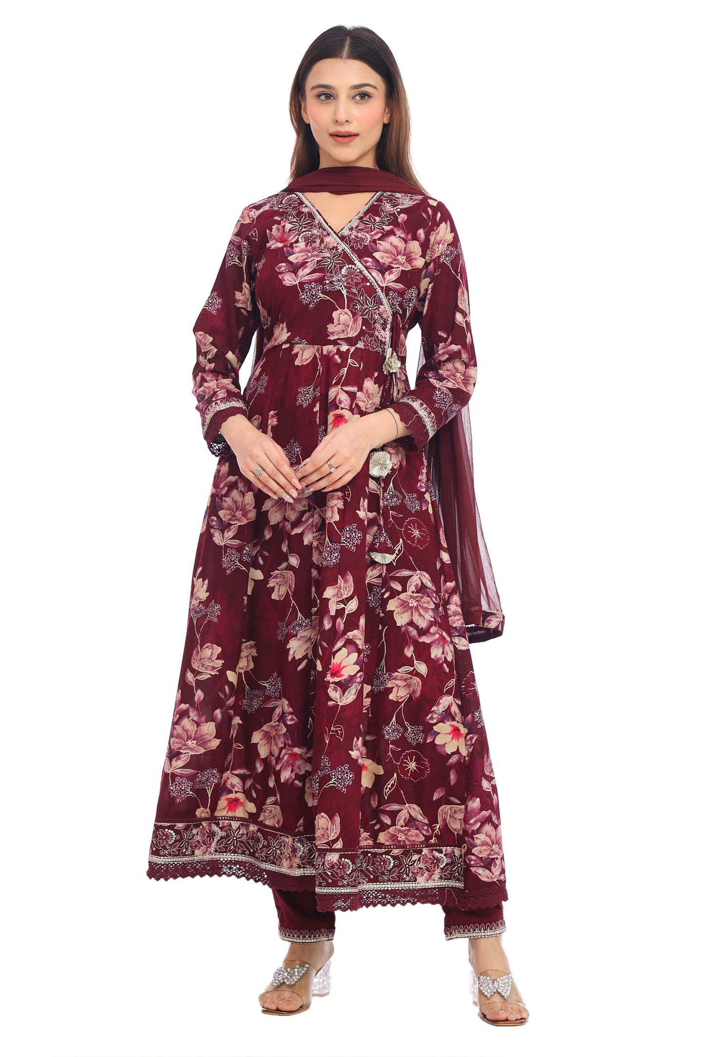 Wine Maroon Floral Anarkali Set with Embellished Details