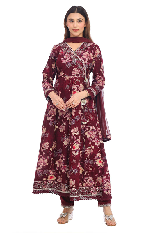 Wine Maroon Floral Anarkali Set with Embellished Details