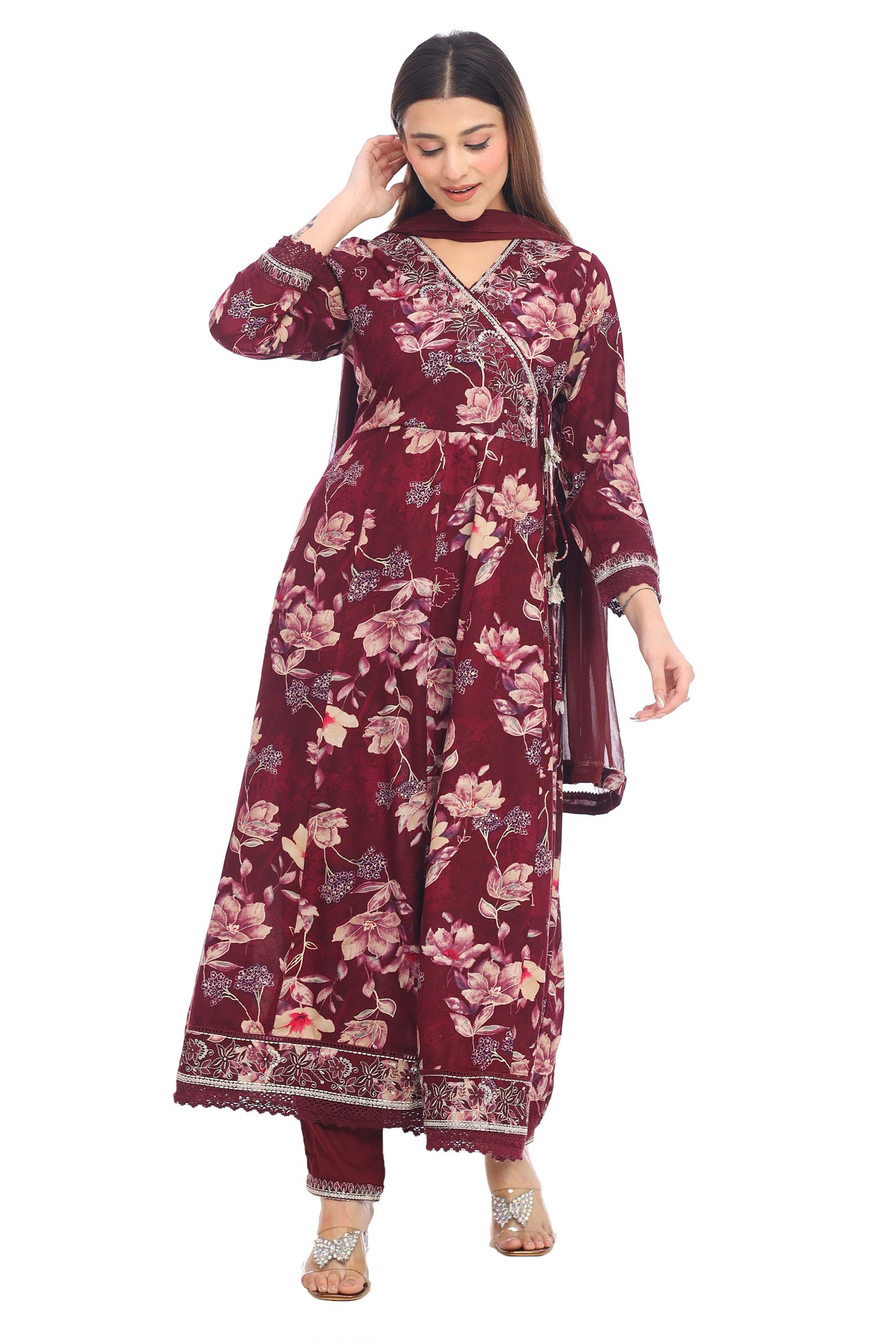 Wine Maroon Floral Anarkali Set with Embellished Details