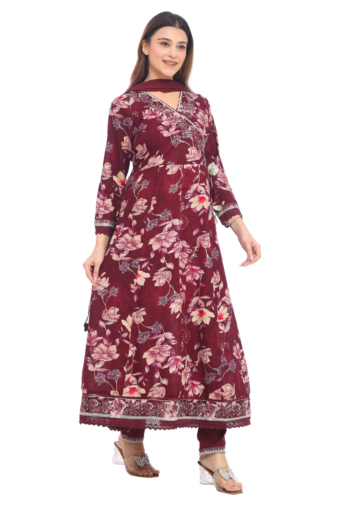 Wine Maroon Floral Anarkali Set with Embellished Details