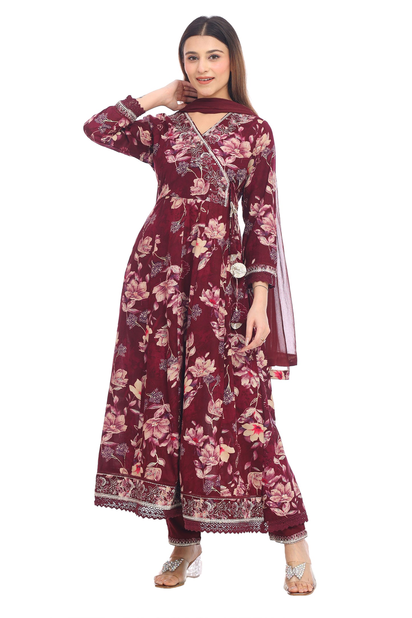 Wine Maroon Floral Anarkali Set with Embellished Details