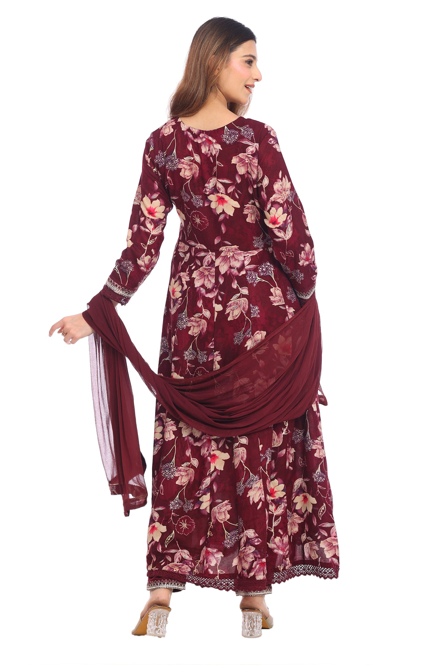 Wine Maroon Floral Anarkali Set with Embellished Details