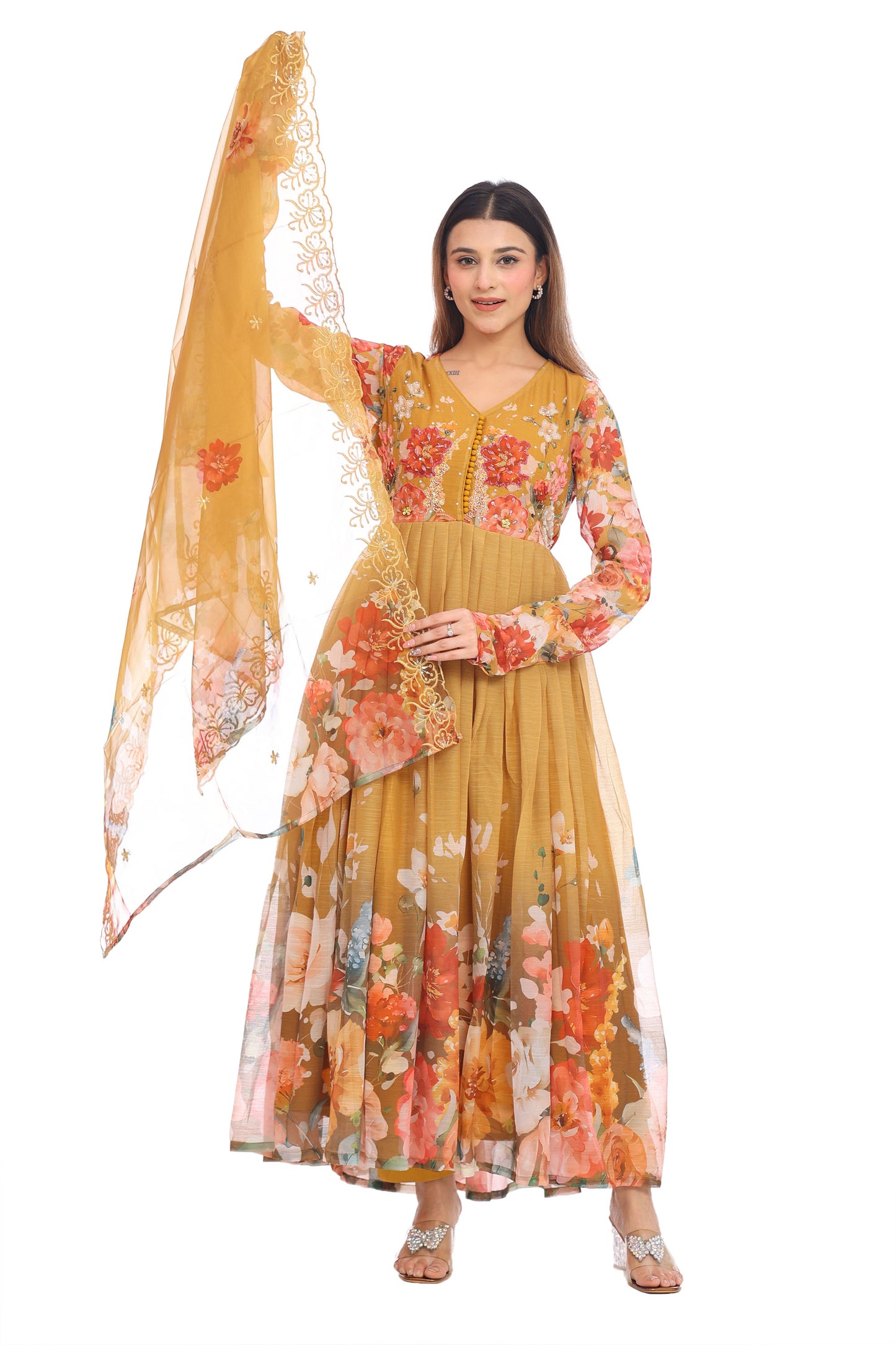 Mustard Yellow Floral Anarkali Set with Embroidered Dupatta