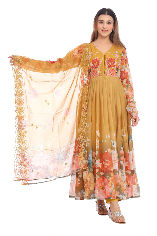 Mustard Yellow Floral Anarkali Set with Embroidered Dupatta