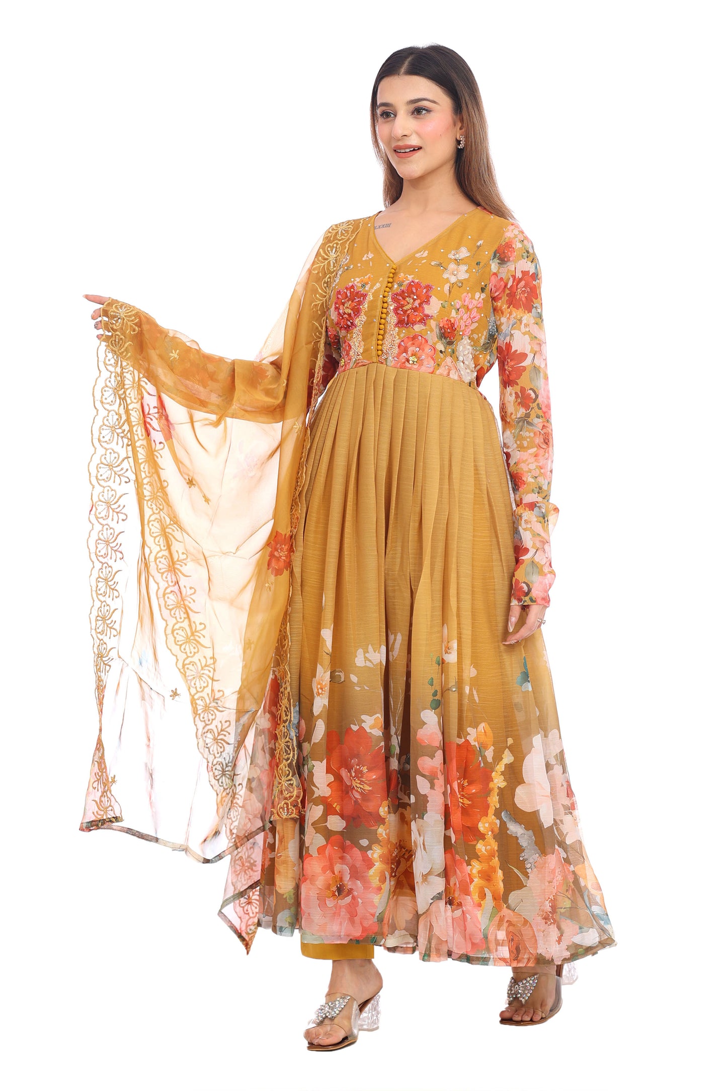 Mustard Yellow Floral Anarkali Set with Embroidered Dupatta