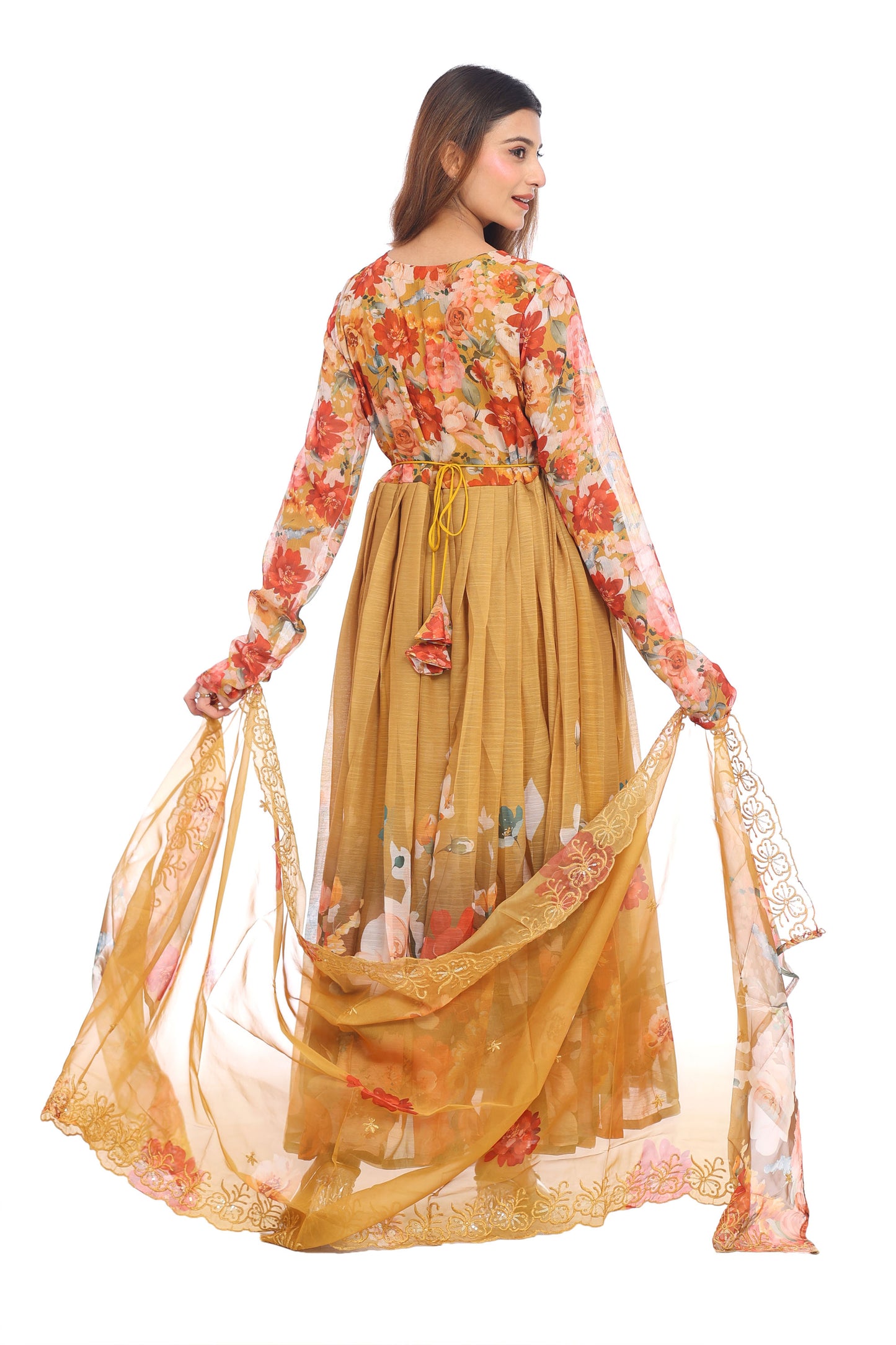 Mustard Yellow Floral Anarkali Set with Embroidered Dupatta