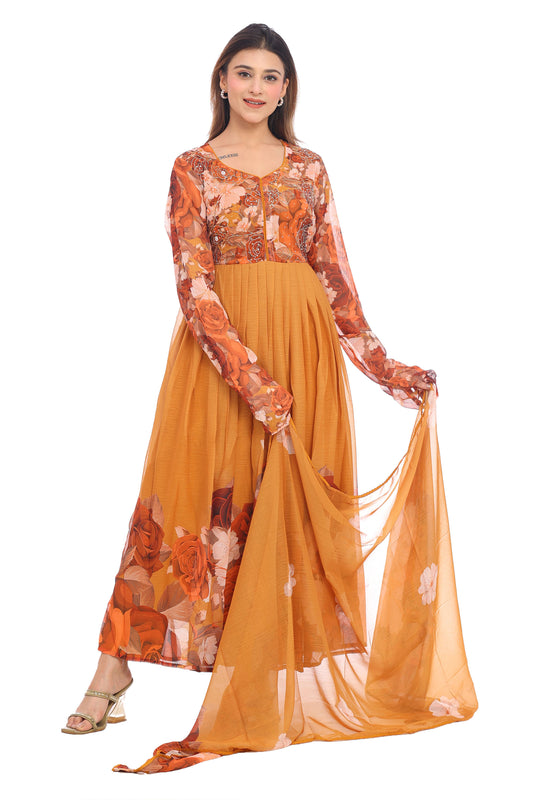 Mustard Floral Anarkali Set with Dupatta – A Blend of Warm Elegance
