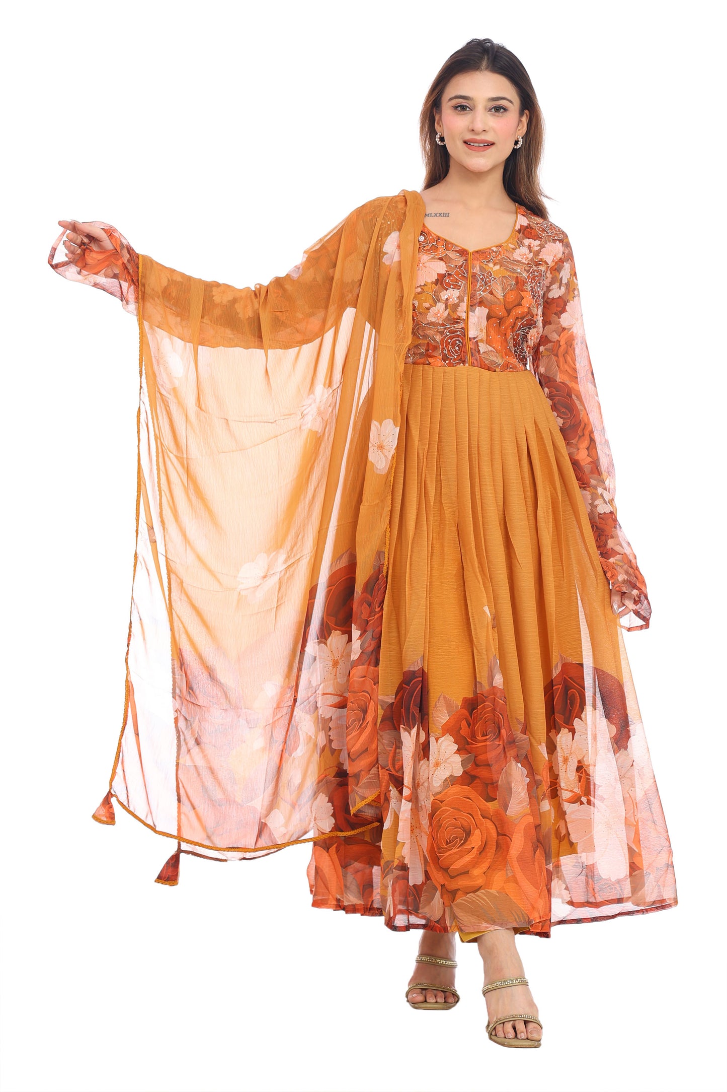 Mustard Floral Anarkali Set with Dupatta – A Blend of Warm Elegance