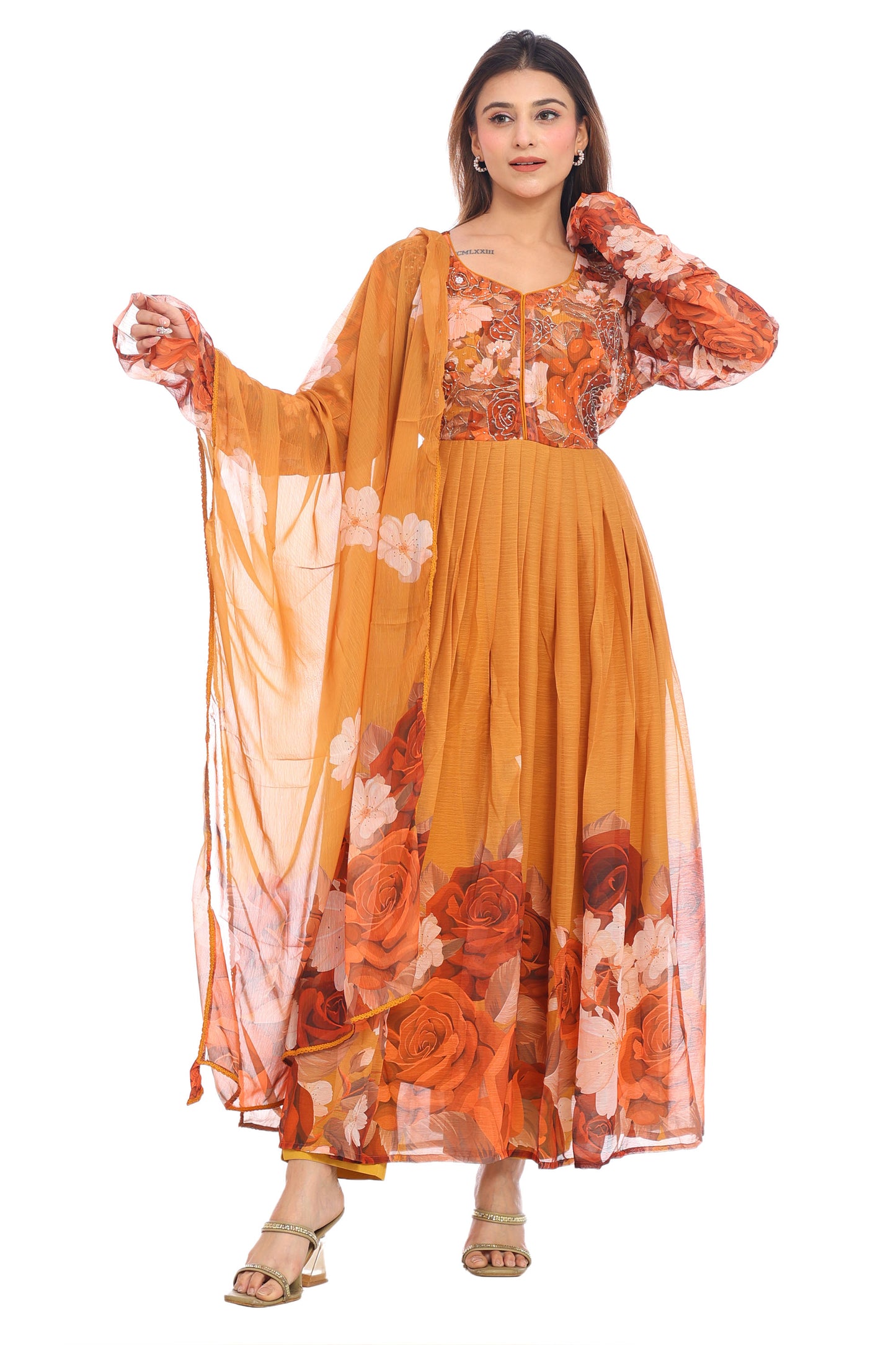 Mustard Floral Anarkali Set with Dupatta – A Blend of Warm Elegance