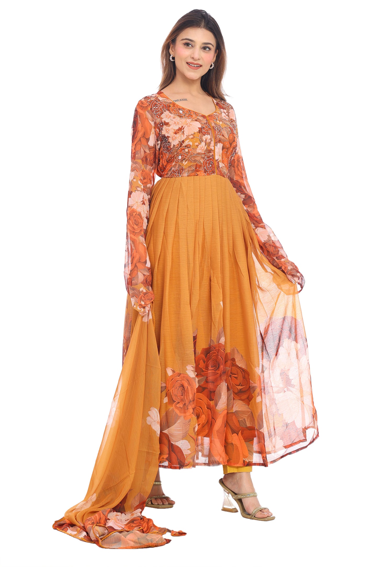 Mustard Floral Anarkali Set with Dupatta – A Blend of Warm Elegance