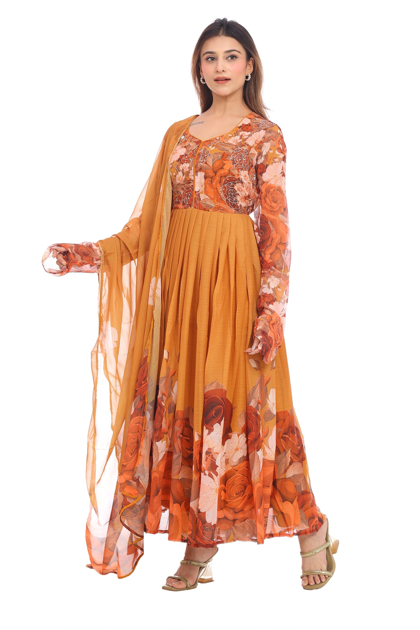 Mustard Floral Anarkali Set with Dupatta – A Blend of Warm Elegance