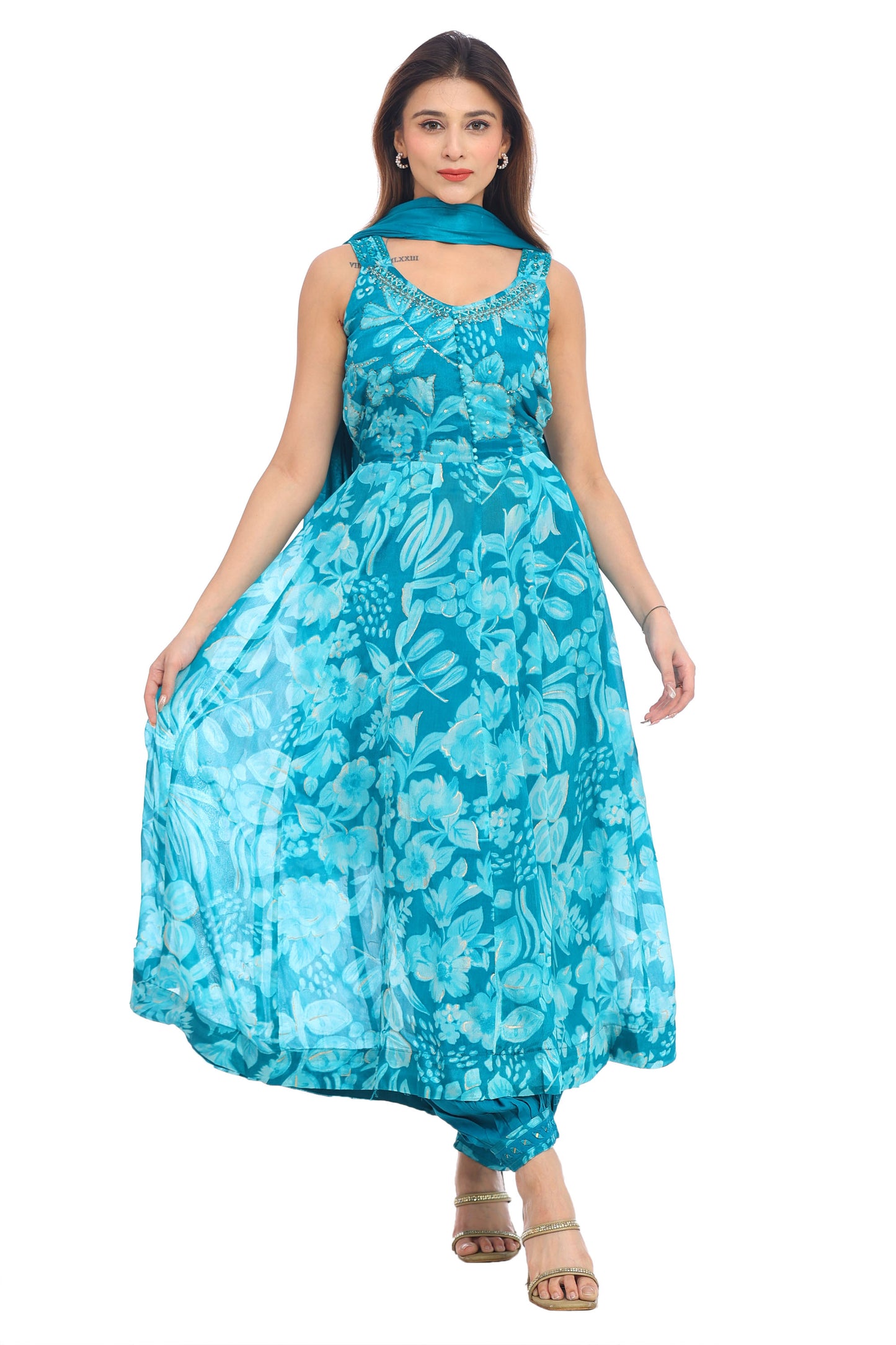 Floral Teal Blue Sleeveless Anarkali with Draped Bottom & Dupatta