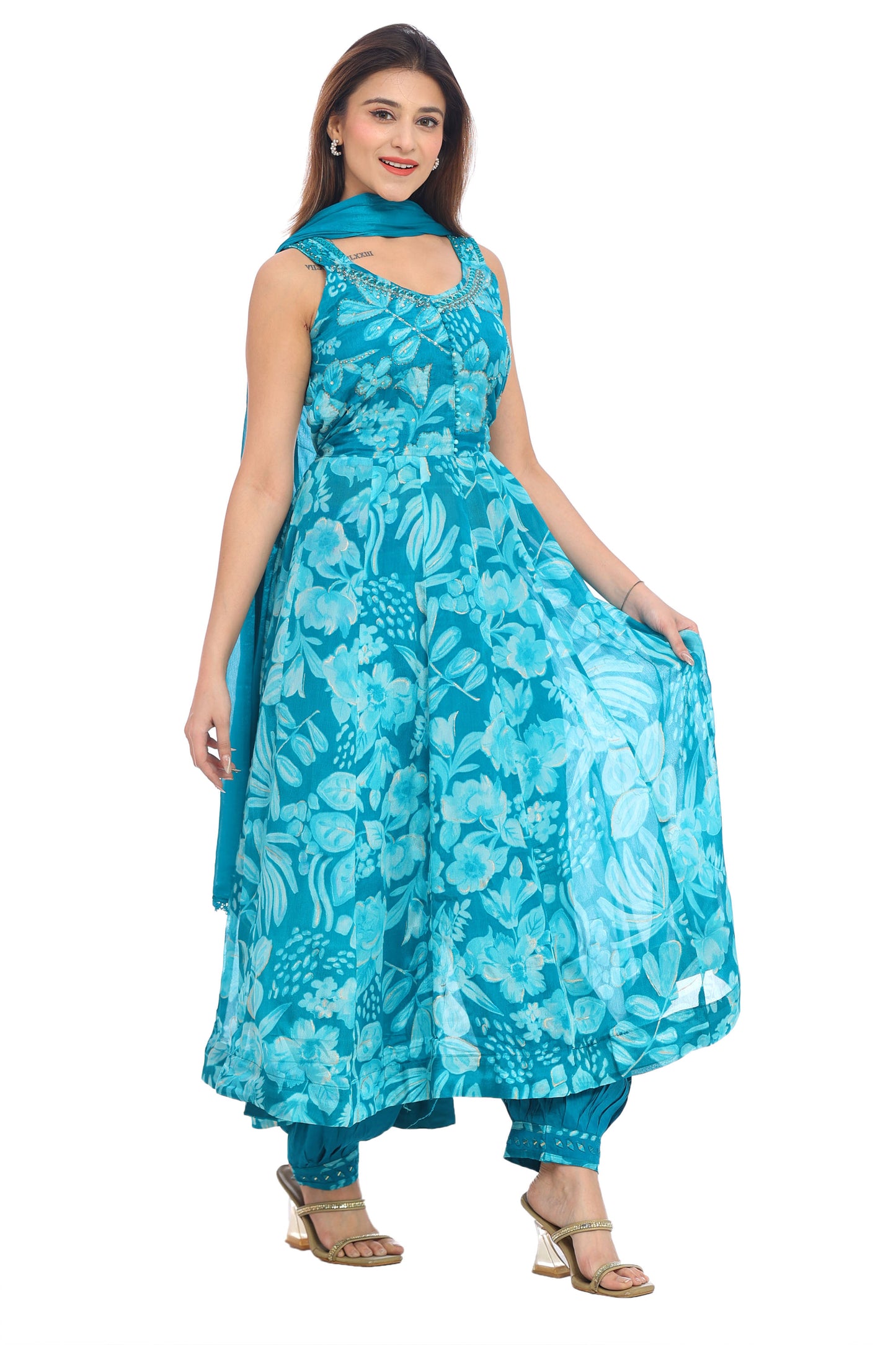 Floral Teal Blue Sleeveless Anarkali with Draped Bottom & Dupatta