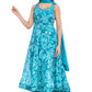 Floral Teal Blue Sleeveless Anarkali with Draped Bottom & Dupatta