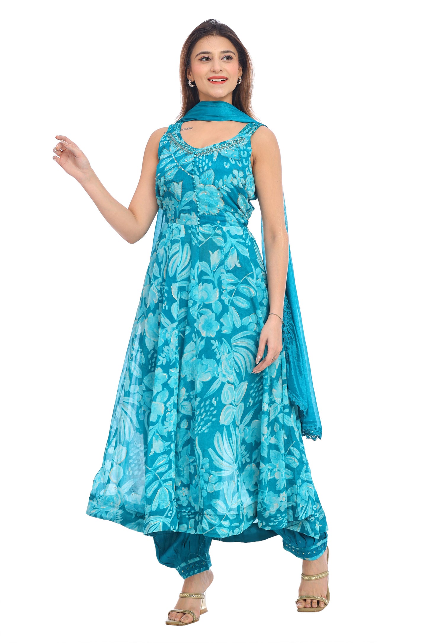 Floral Teal Blue Sleeveless Anarkali with Draped Bottom & Dupatta