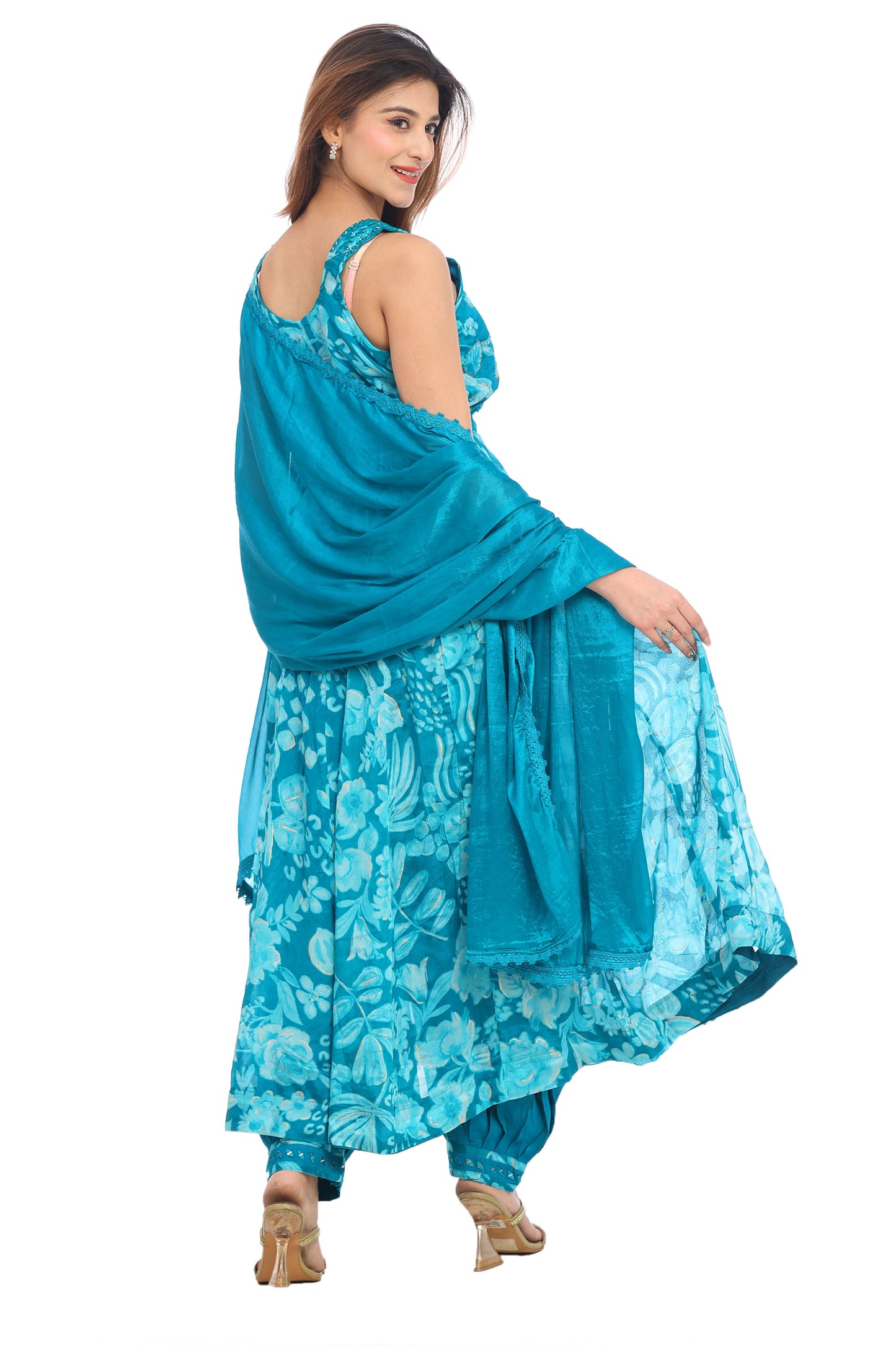 Floral Teal Blue Sleeveless Anarkali with Draped Bottom & Dupatta