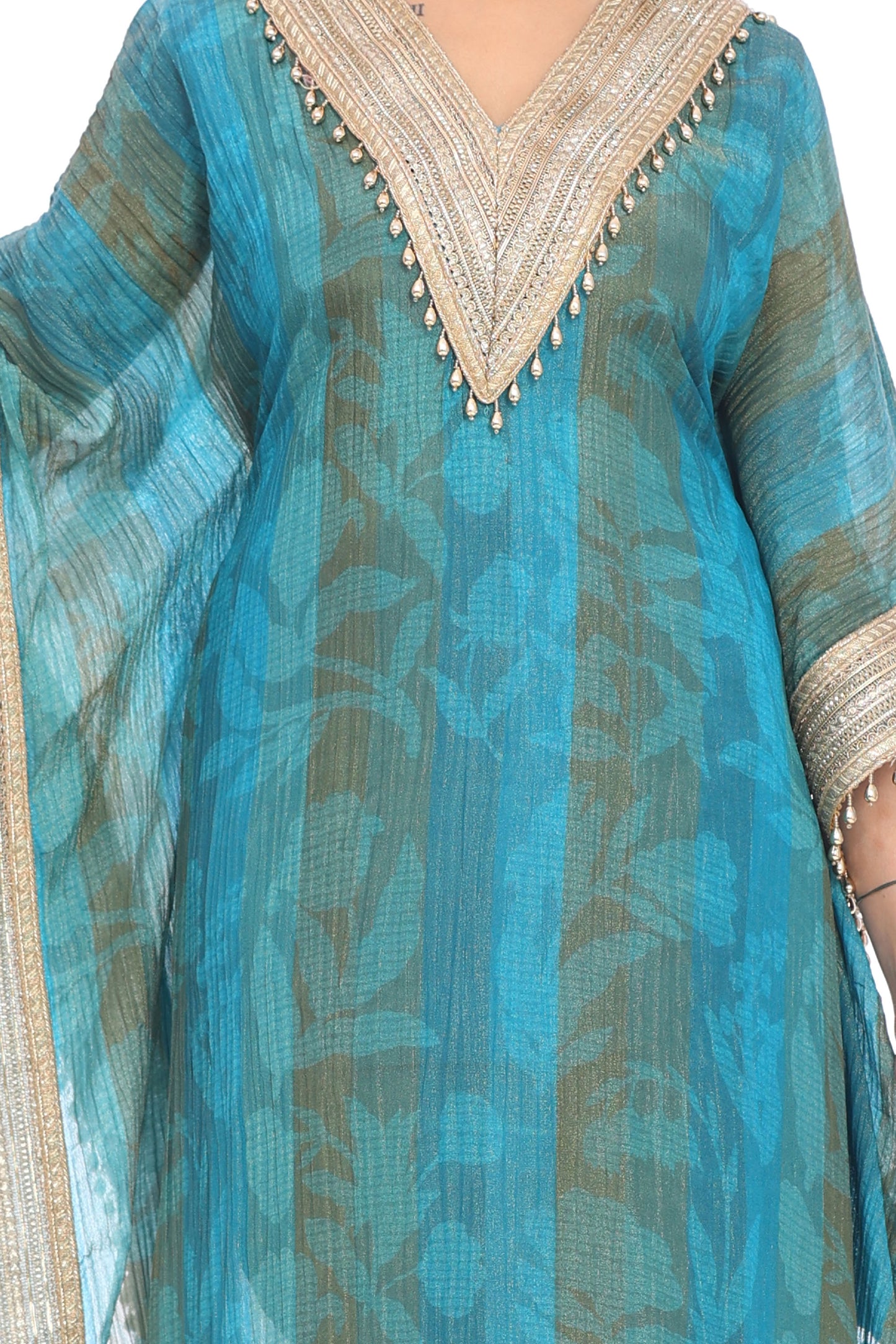 Teal Blue Designer Kaftan with Golden Embellishments