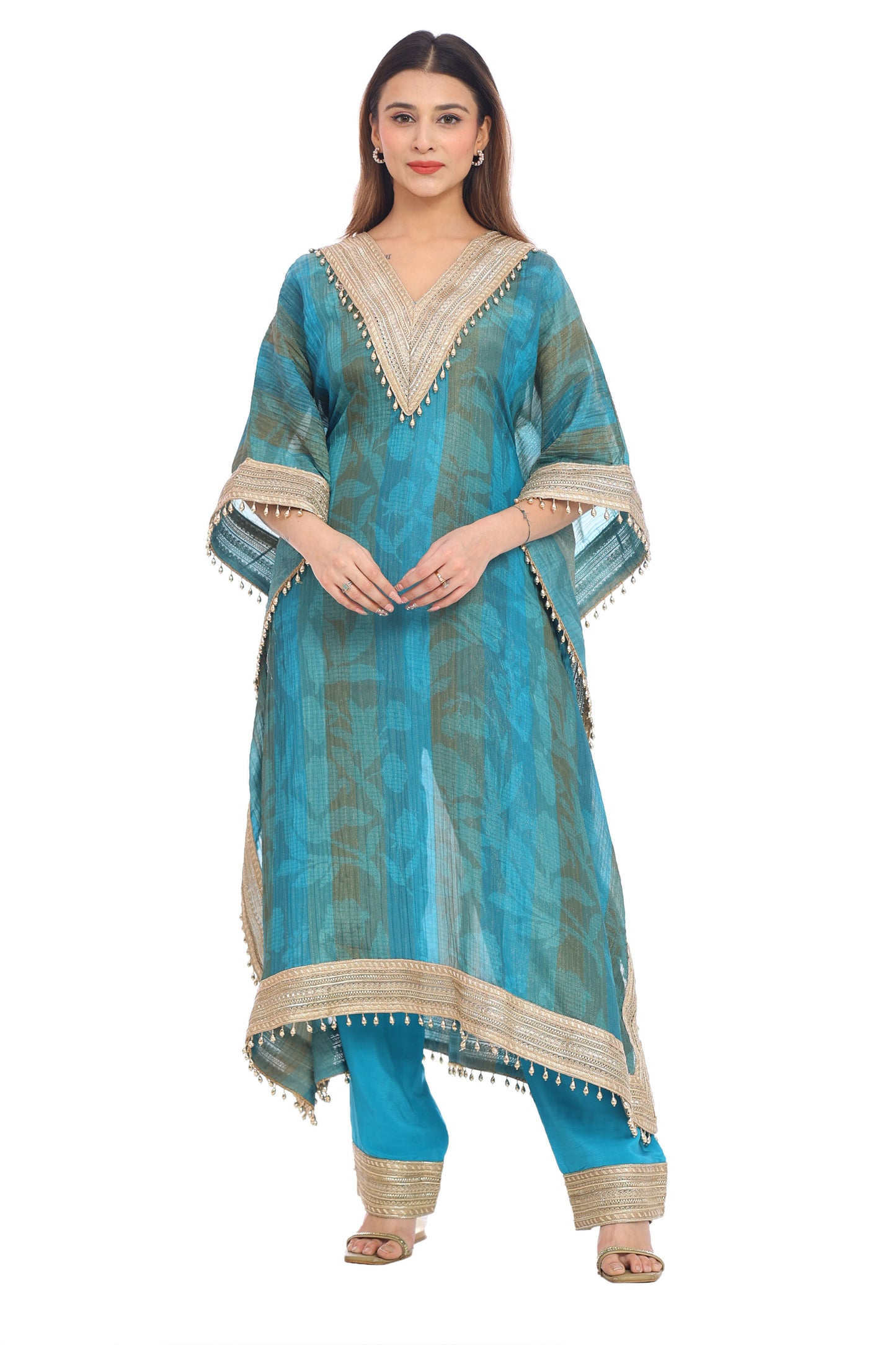 Teal Blue Designer Kaftan with Golden Embellishments