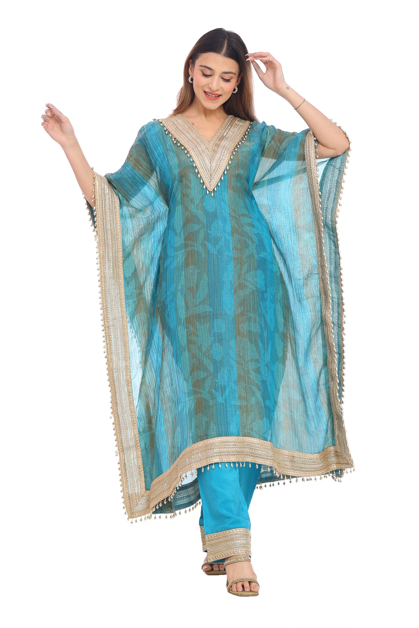 Teal Blue Designer Kaftan with Golden Embellishments
