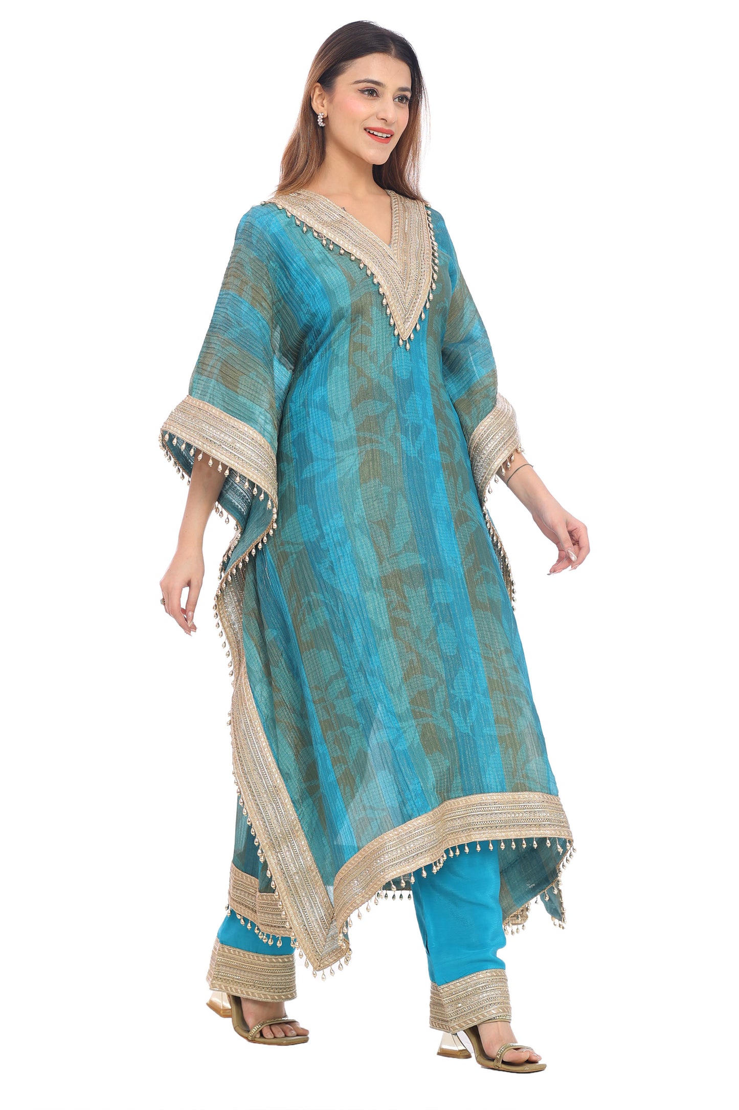 Teal Blue Designer Kaftan with Golden Embellishments