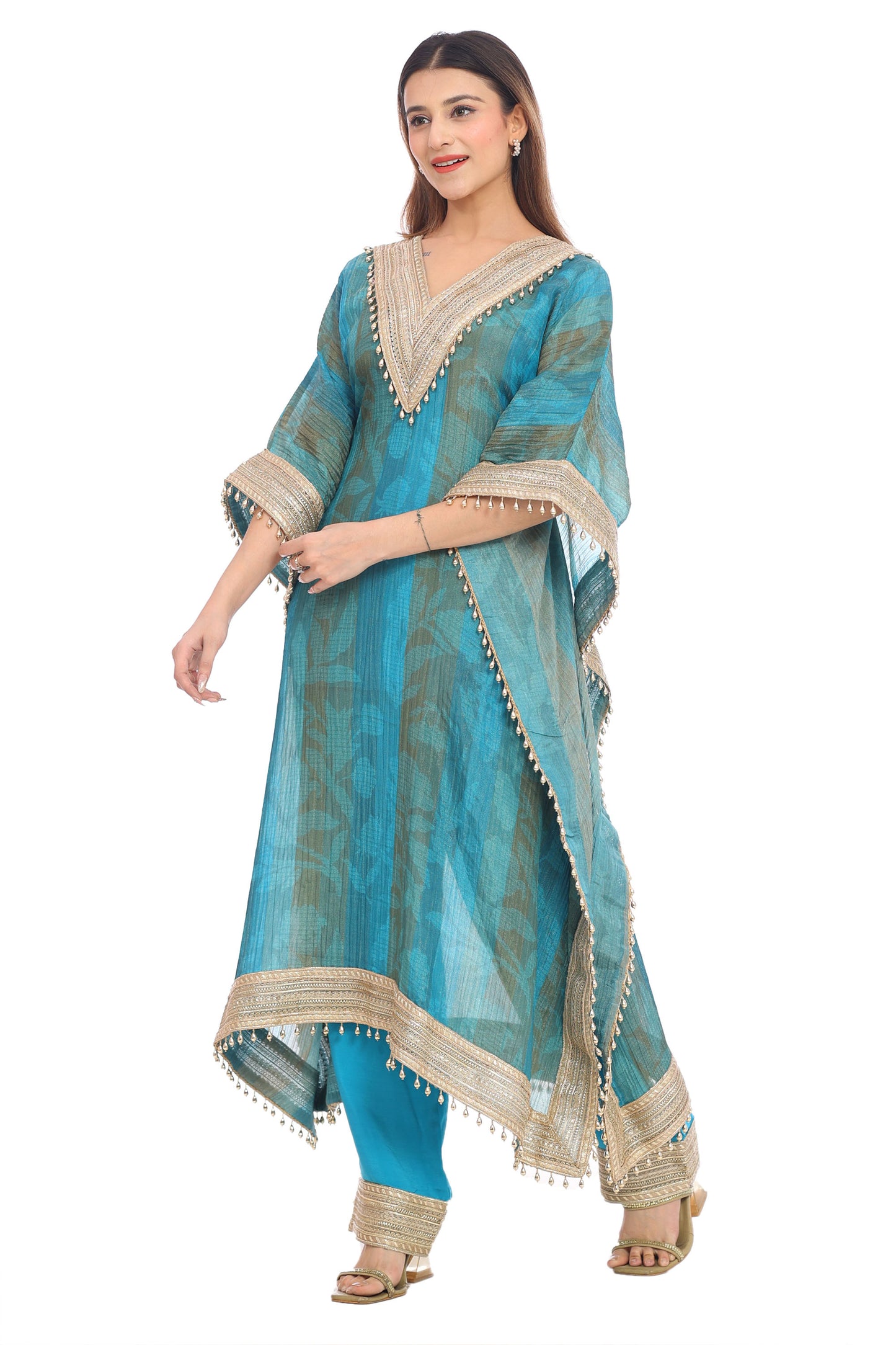 Teal Blue Designer Kaftan with Golden Embellishments