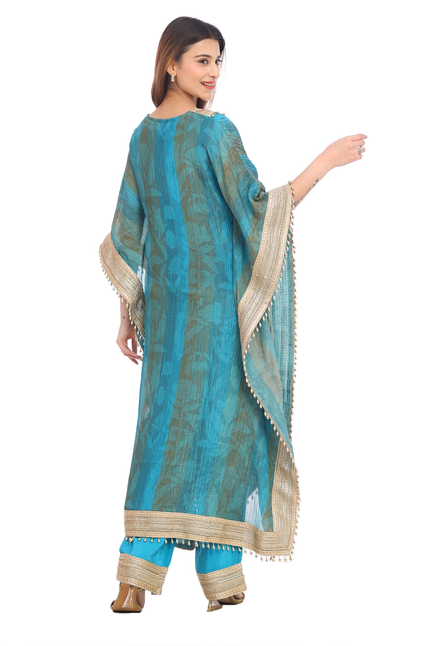 Teal Blue Designer Kaftan with Golden Embellishments