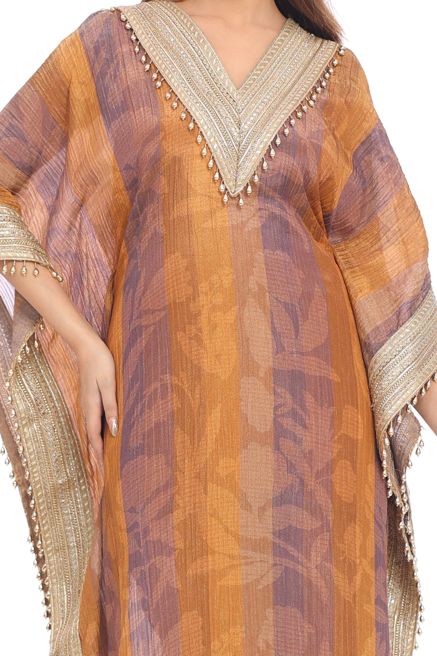 Rustic Mauve-Gold Striped Kurta Set with Heavy Lace Work