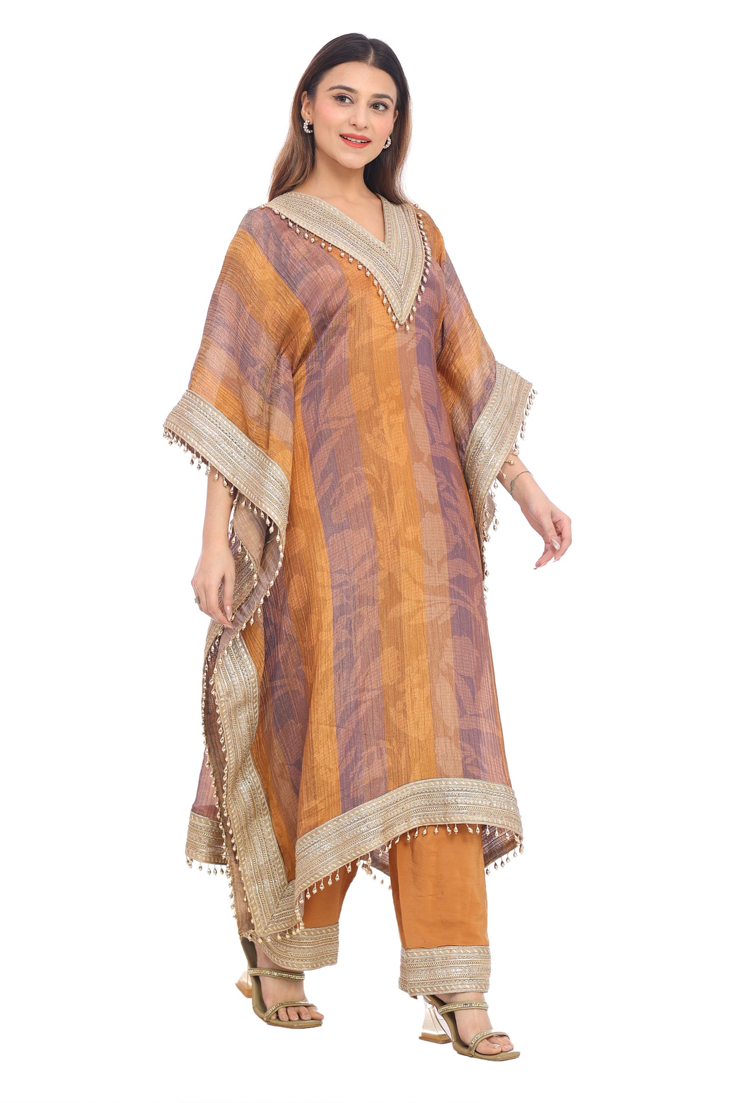 Rustic Mauve-Gold Striped Kurta Set with Heavy Lace Work