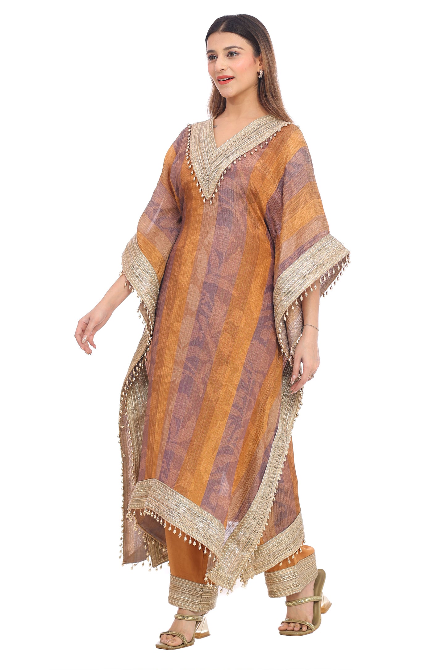 Rustic Mauve-Gold Striped Kurta Set with Heavy Lace Work