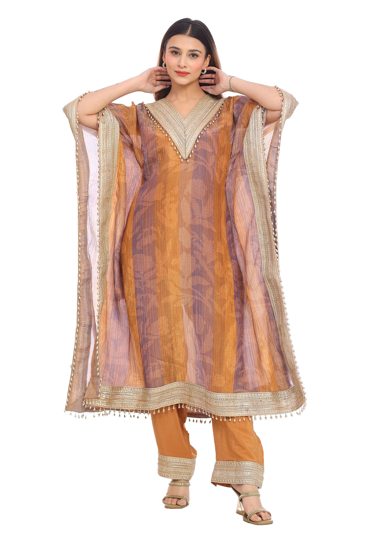 Rustic Mauve-Gold Striped Kurta Set with Heavy Lace Work
