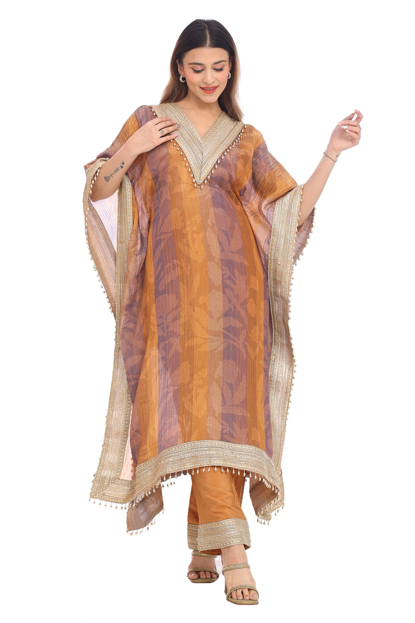 Rustic Mauve-Gold Striped Kurta Set with Heavy Lace Work