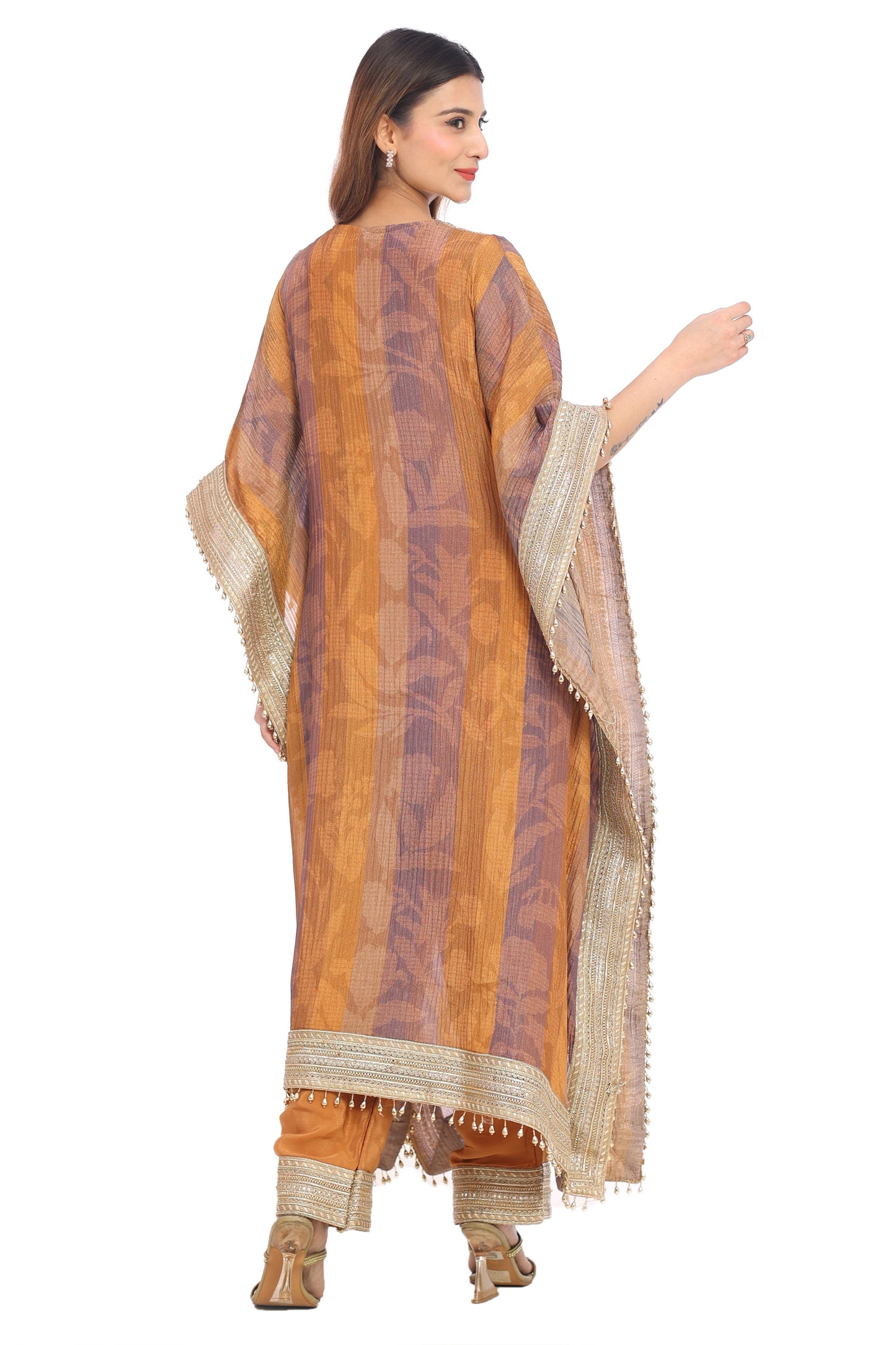 Rustic Mauve-Gold Striped Kurta Set with Heavy Lace Work