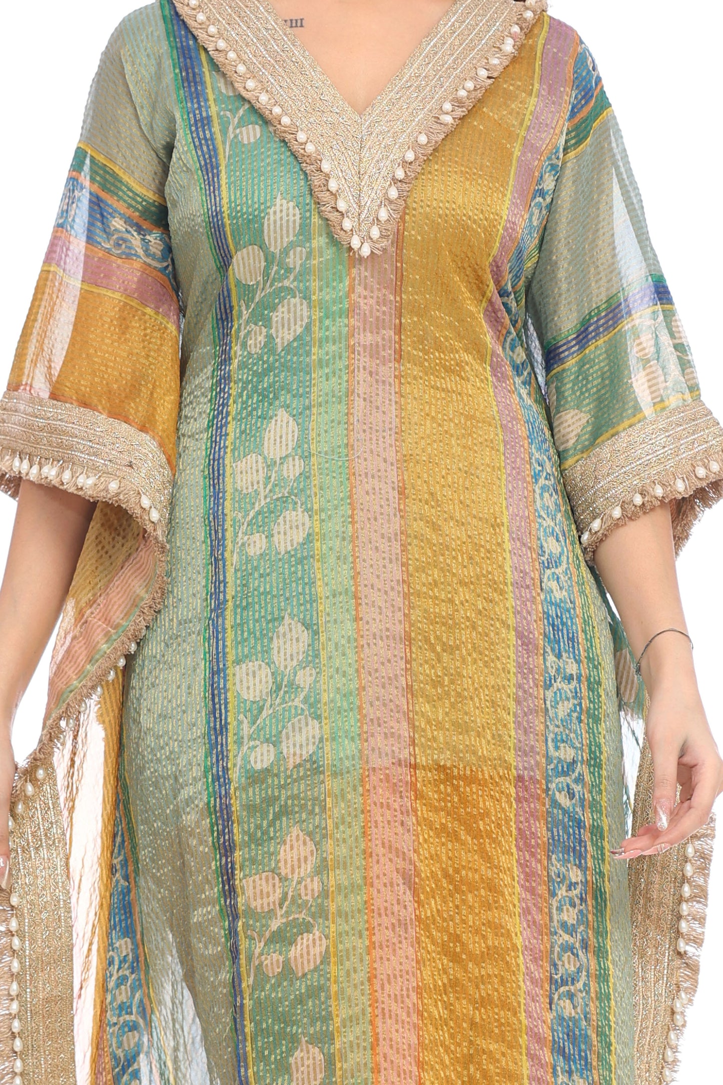 Multicolor Striped Festive Kurta Set with Pearl Detailing