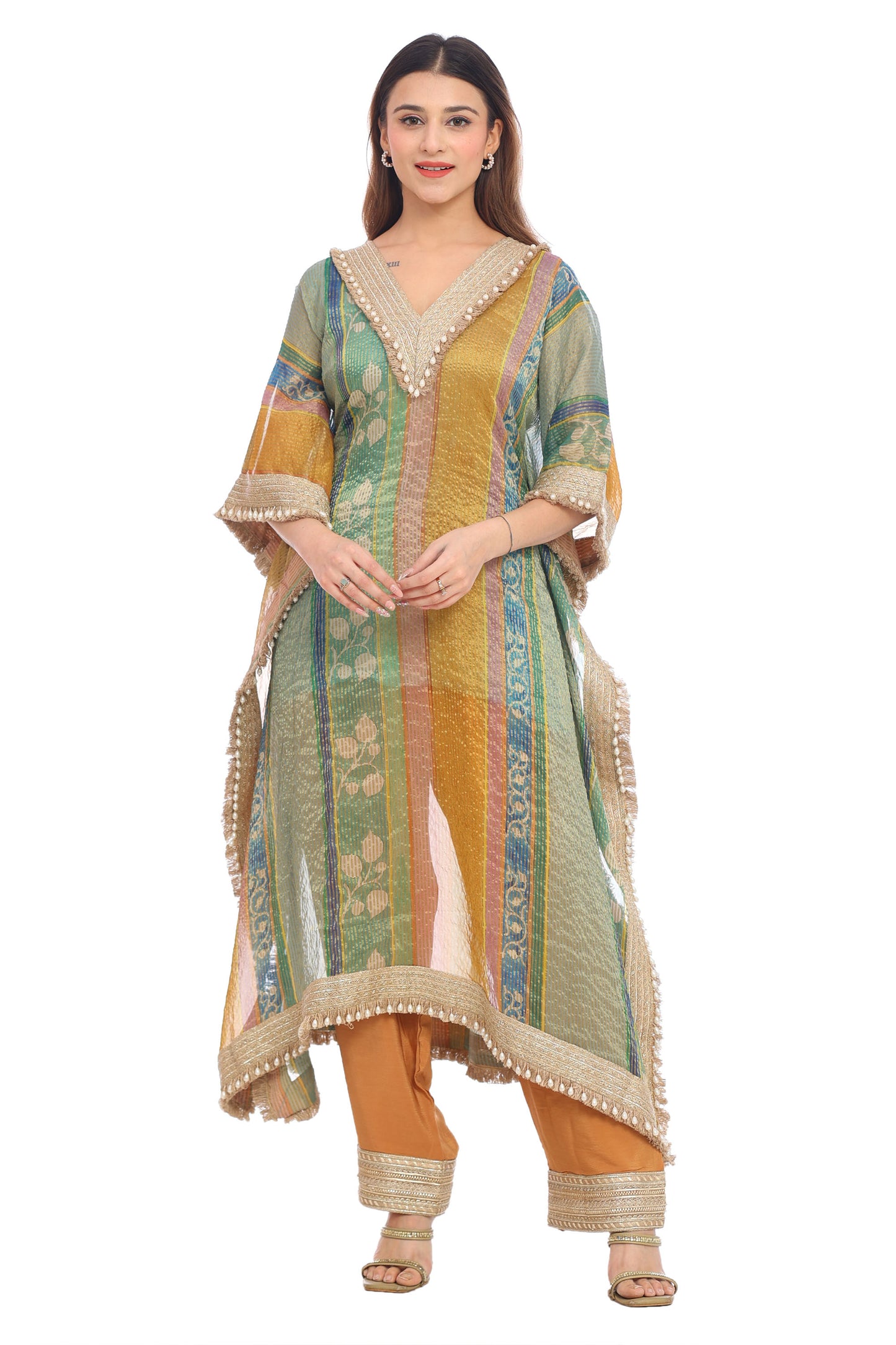 Multicolor Striped Festive Kurta Set with Pearl Detailing