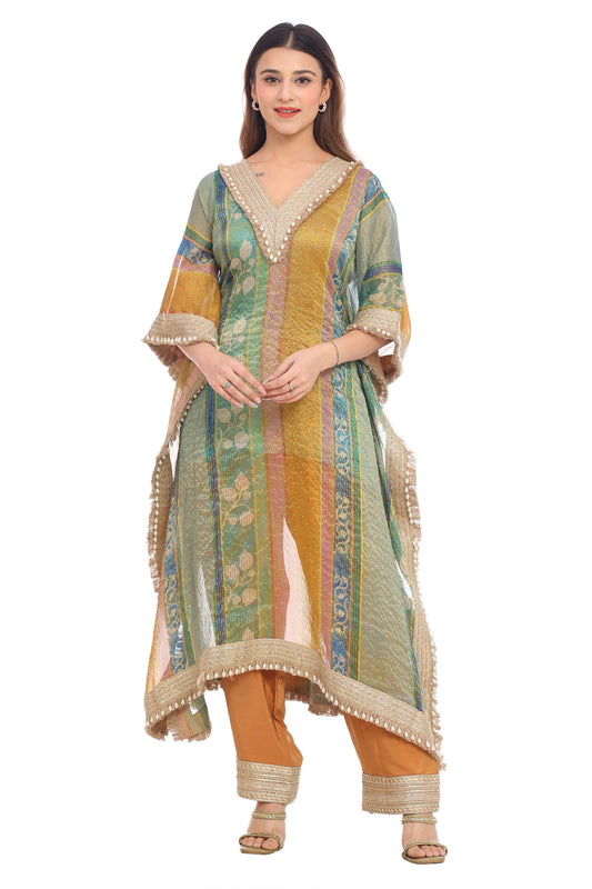 Multicolor Striped Festive Kurta Set with Pearl Detailing