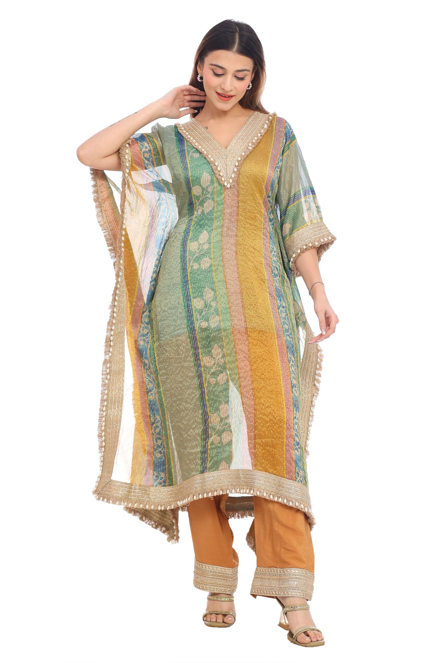 Multicolor Striped Festive Kurta Set with Pearl Detailing