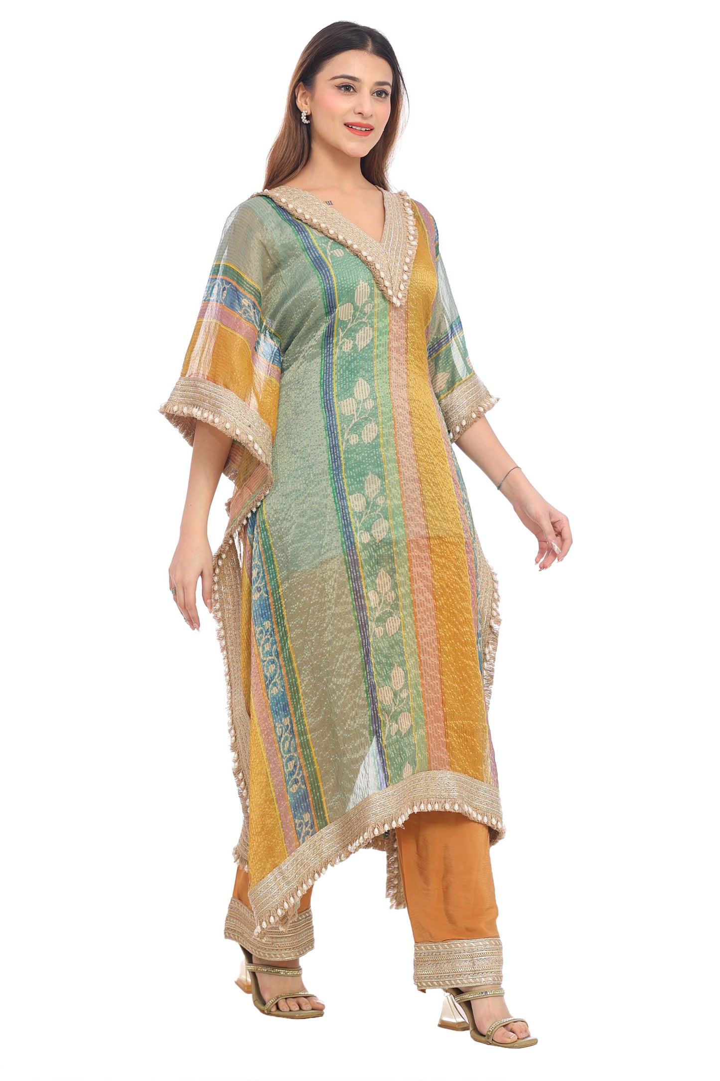 Multicolor Striped Festive Kurta Set with Pearl Detailing