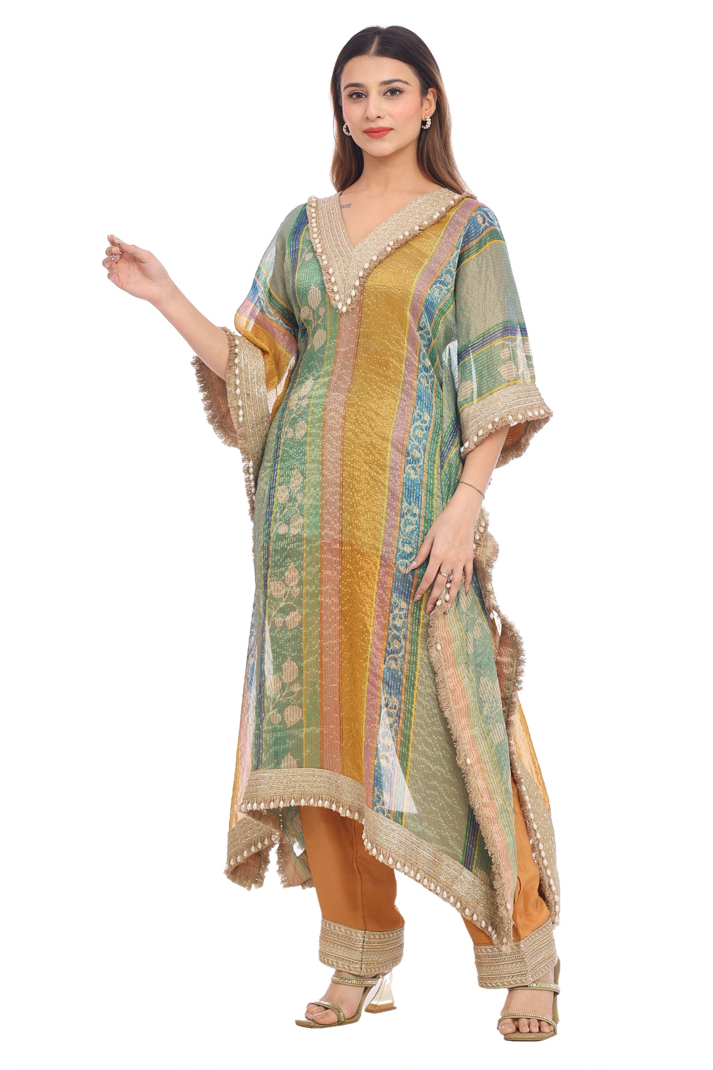 Multicolor Striped Festive Kurta Set with Pearl Detailing