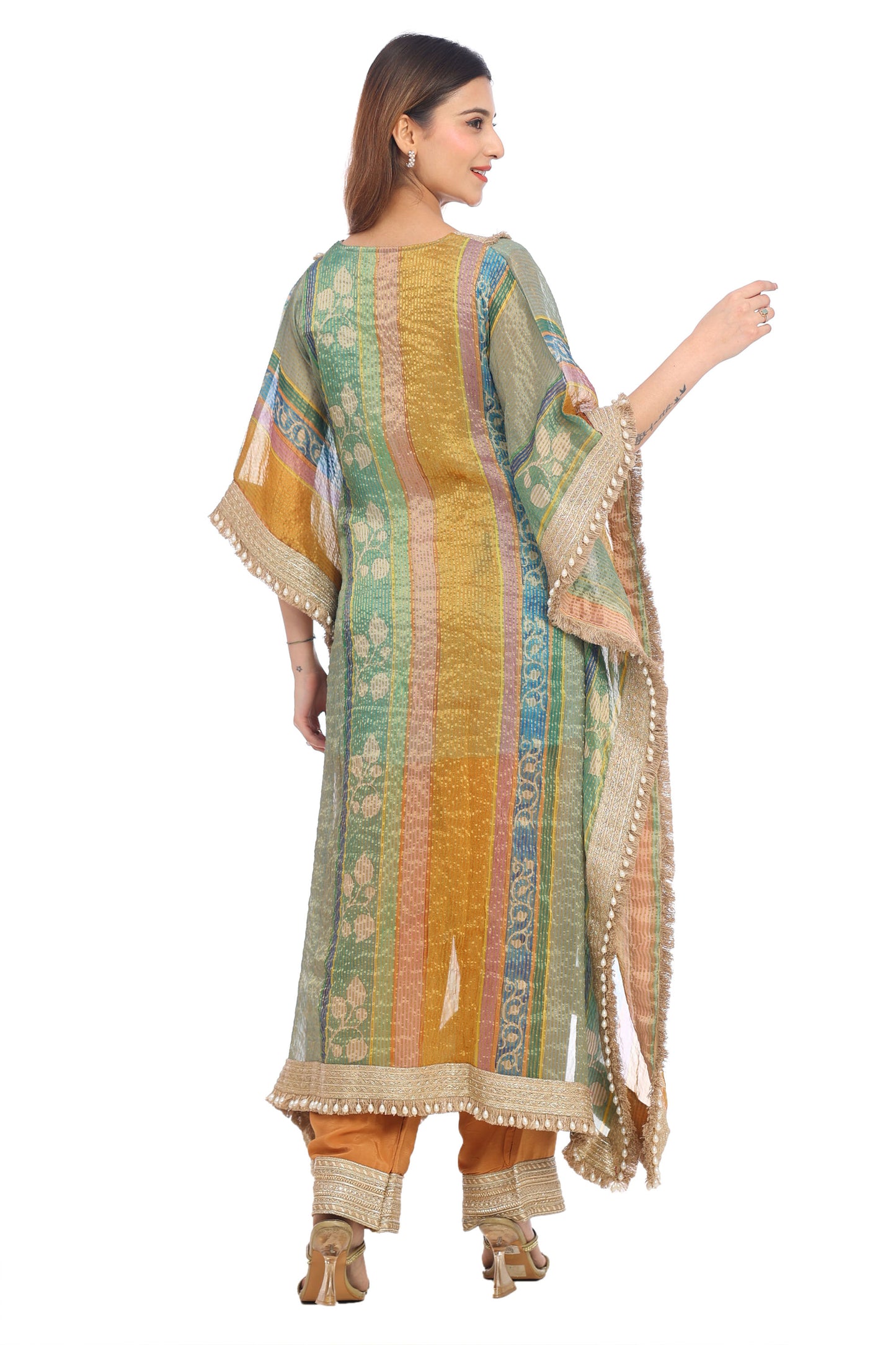 Multicolor Striped Festive Kurta Set with Pearl Detailing