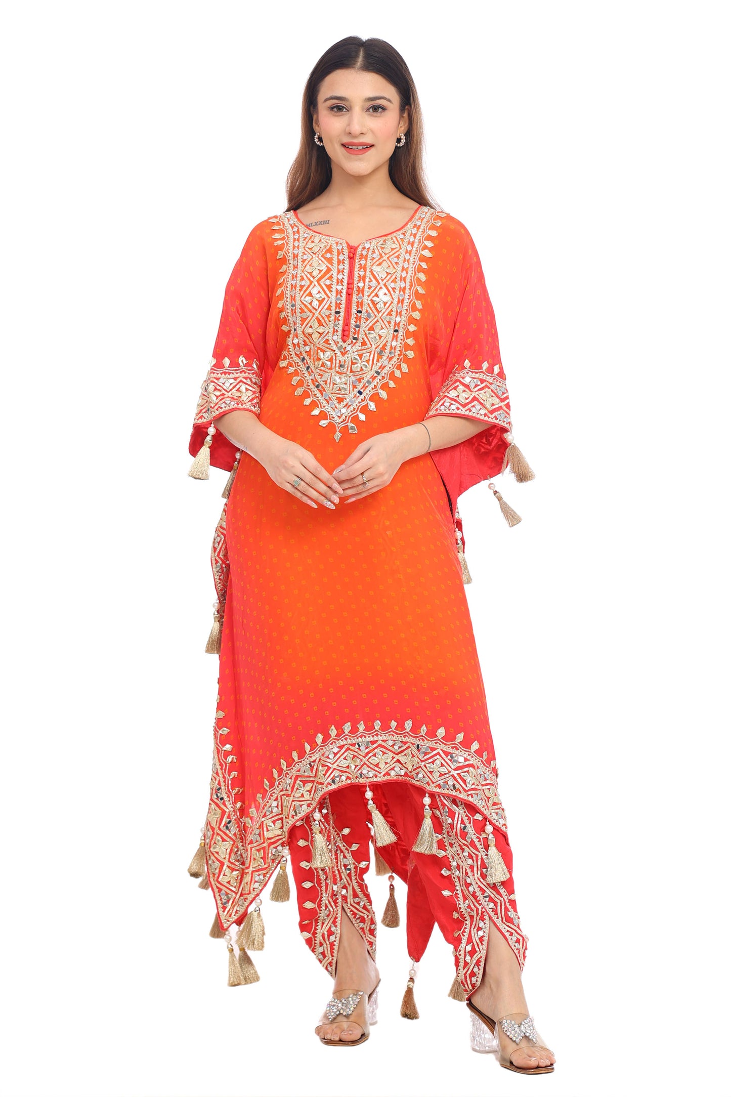 Elegant Orange-Red Designer Kurta Set with Embroidery & Tassels