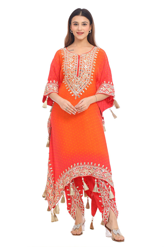 Elegant Orange-Red Designer Kurta Set with Embroidery & Tassels