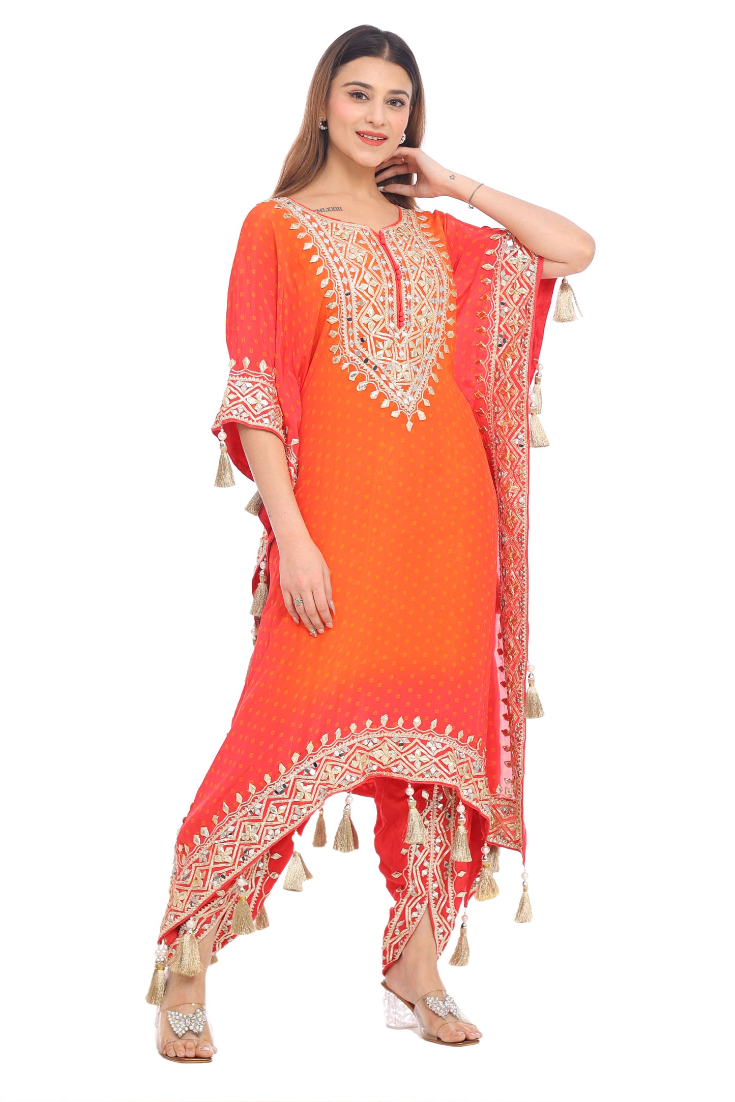Elegant Orange-Red Designer Kurta Set with Embroidery & Tassels