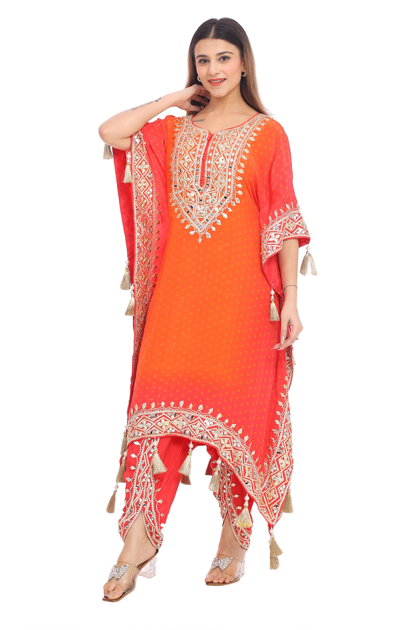 Elegant Orange-Red Designer Kurta Set with Embroidery & Tassels